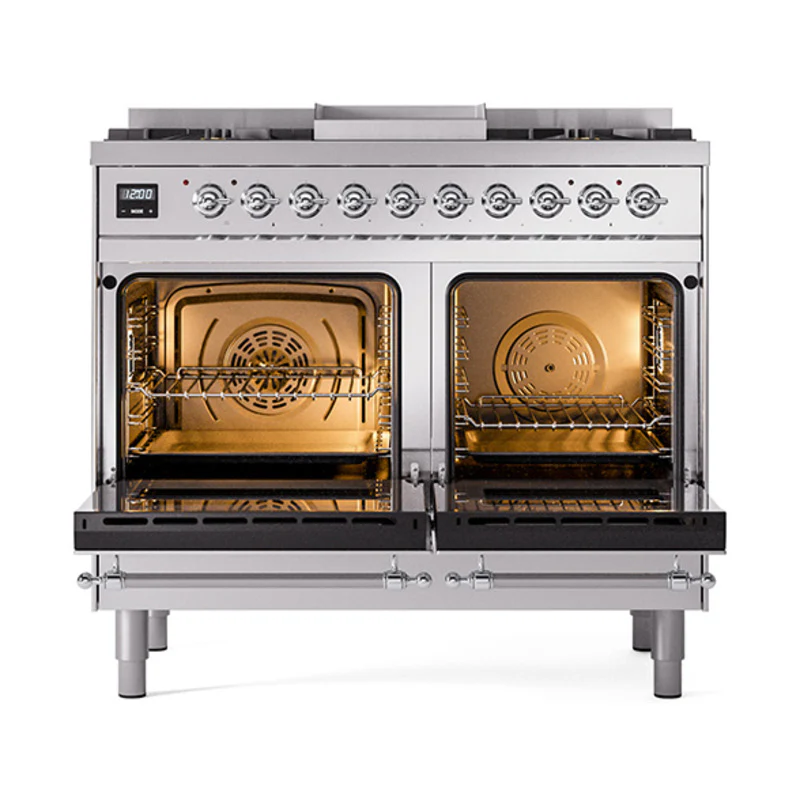 ILVE 40-Inch Nostalgie II Noblesse Dual Fuel Range with Solid Door Oven in Stainless Steel with Chrome Trim (UND40FQNMPSSC)