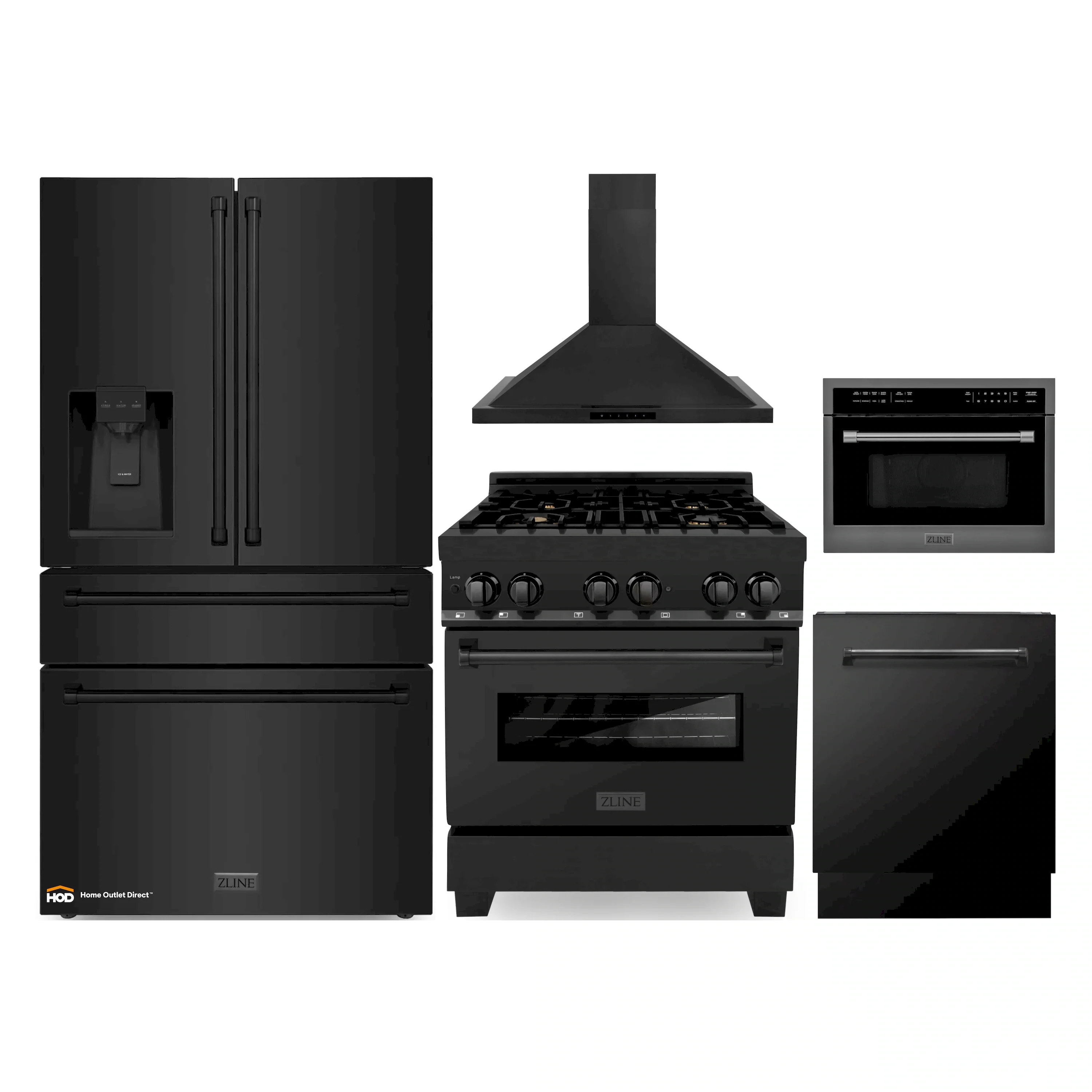 ZLINE 5-Piece Appliance Package - 30-Inch Dual Fuel Range, Refrigerator with Water Dispenser, Convertible Wall Mount Hood, Microwave Oven, and 3-Rack Dishwasher in Black Stainless Steel
