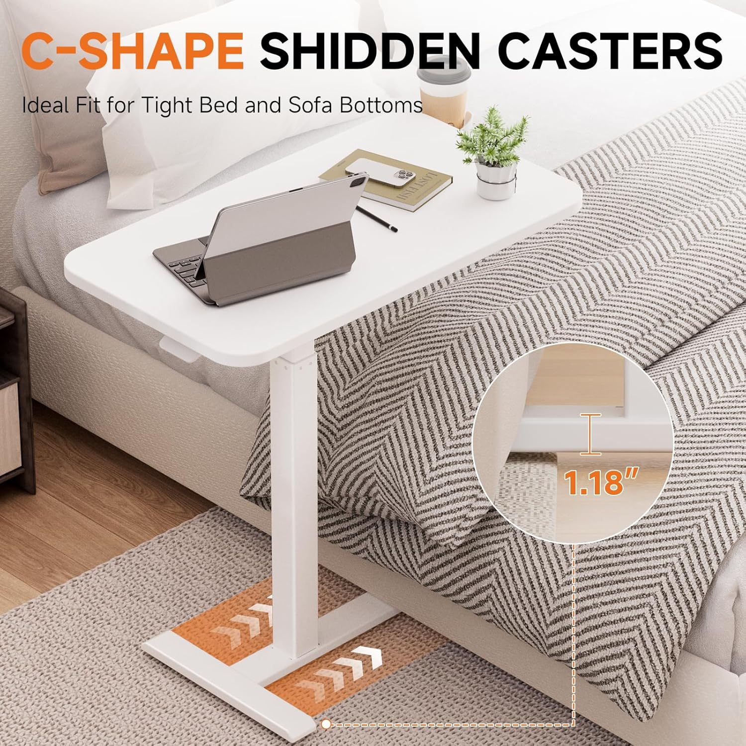 COMHOMA Adjustable Overbed Bedside Table with Wheels, Pneumatic Mobile Rolling Laptop Desk, Height Adjustable Standing Desk Bed Table for Hospital and Home Use (28