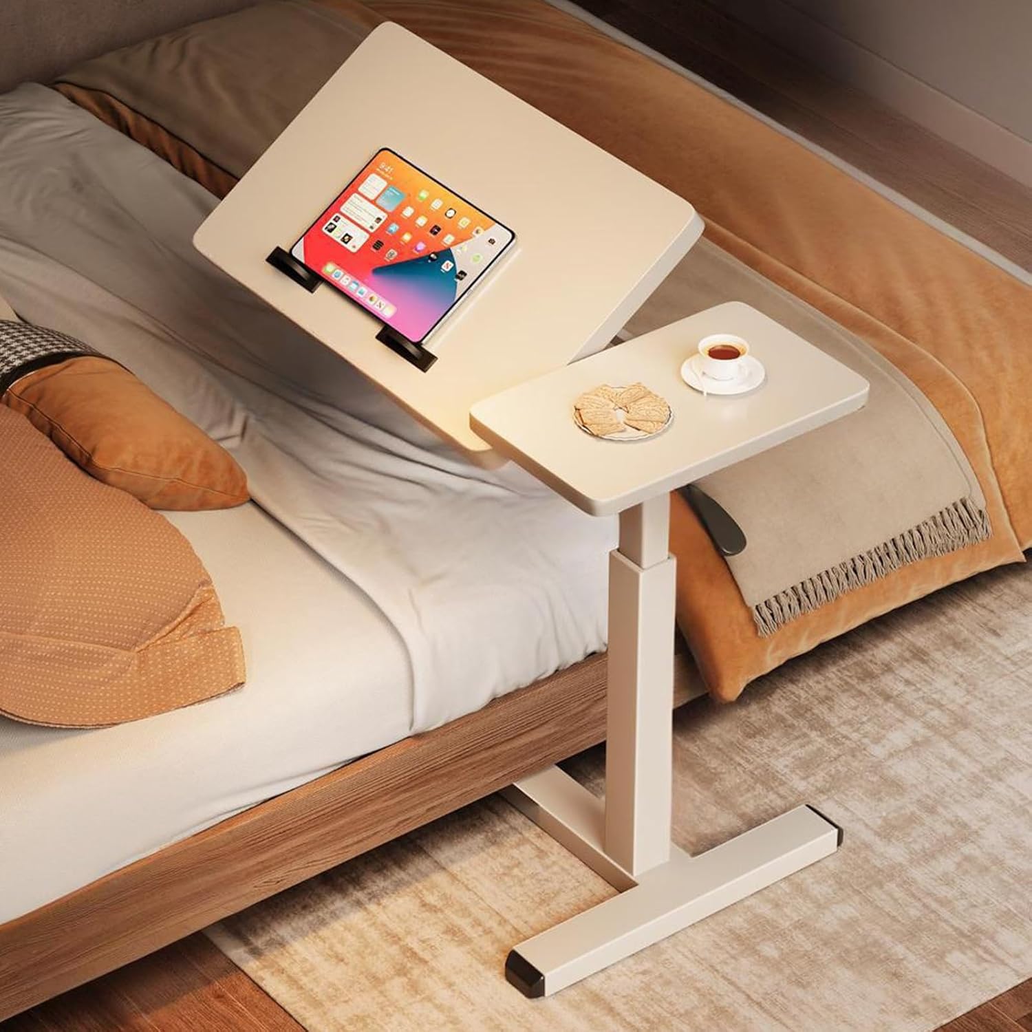 Overbed Bedside Table with Wheels, Tiltable Hospital Bed Table Over The Bed, Adjustable Hospital Laptop Desk with Split Dual Desktop & Pneumatic Gas Spring Lift(White)