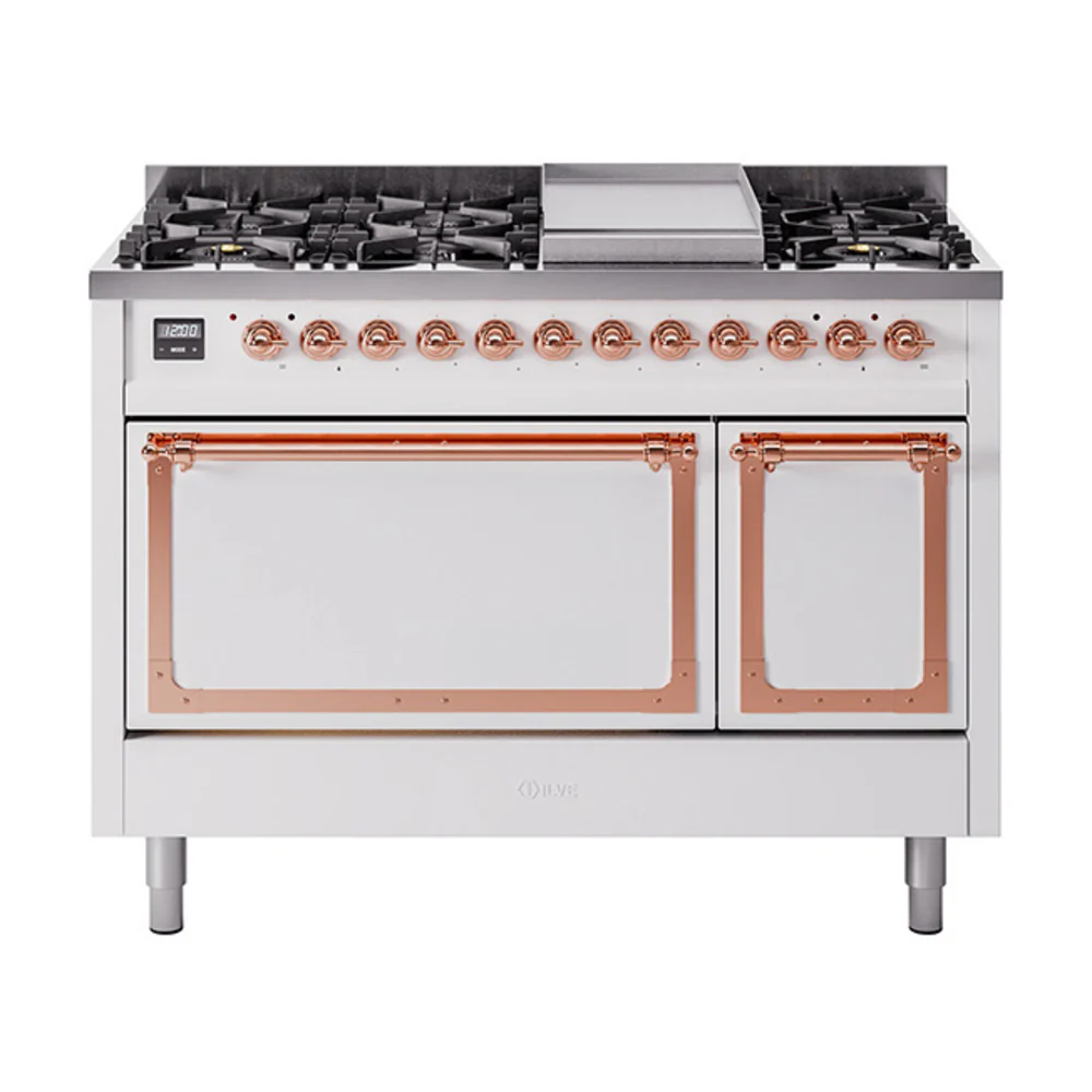 ILVE Nostalgie II Noblesse 48-Inch Dual Fuel Freestanding Range with Solid Door Oven in White with Copper Trim (UN48FQNMPWHP)