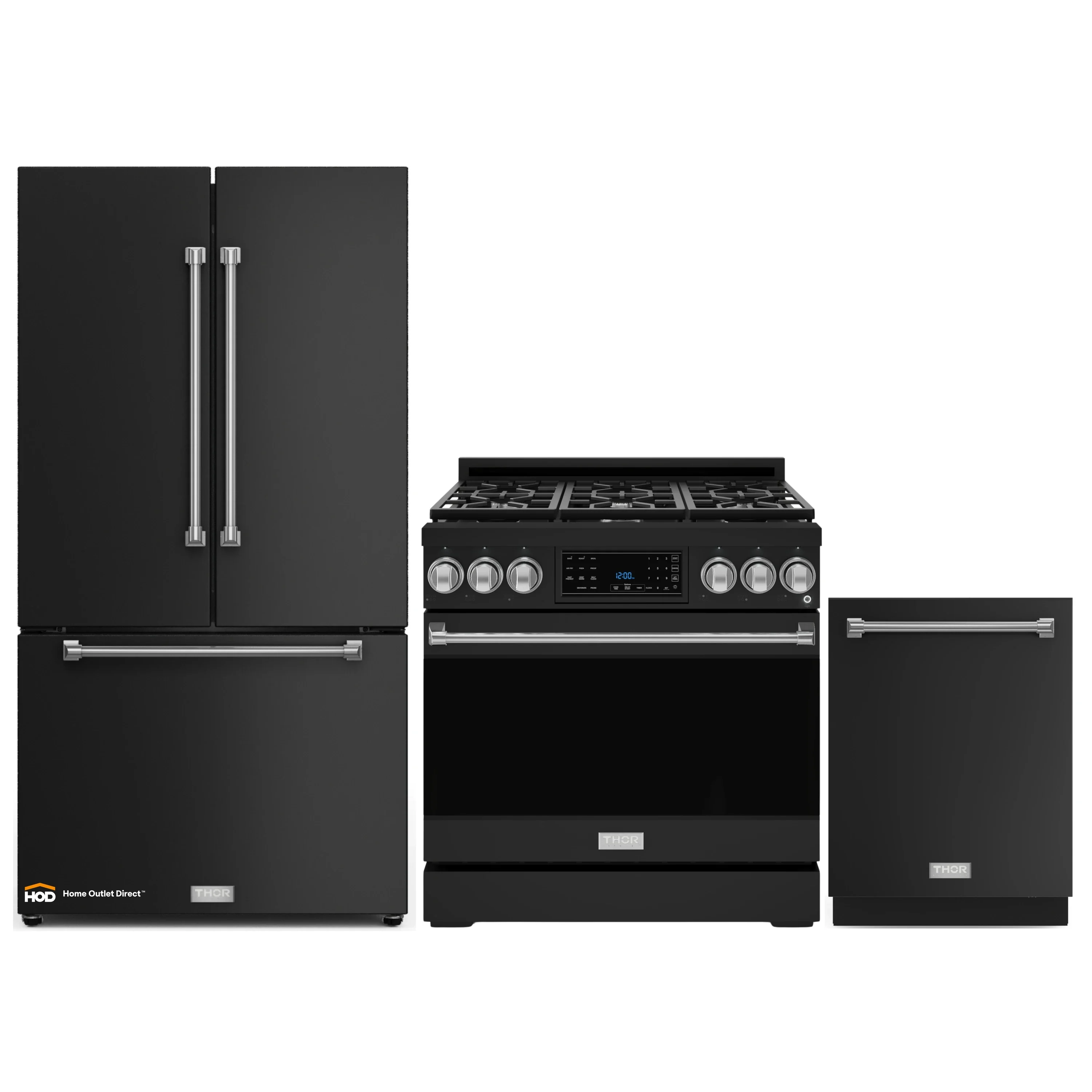Gordon Ramsay by Thor Kitchen 3-Piece Appliance Package - 36-Inch Gas Range with Tilt Panel, 36-Inch Refrigerator, and Dishwasher in Black with Stainless Steel Trim