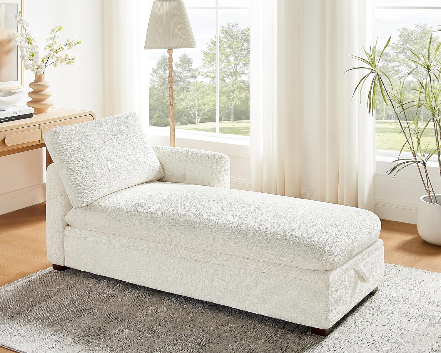 VANOMi 70.47'' Oversized Chaise Lounge Chair Indoor with Storage Space, Modern Upholstered Sofa Bed, Boucle Leisure Recliner with Thick Cushion and Left Armrest for Living Room, Office, Bedroom,White