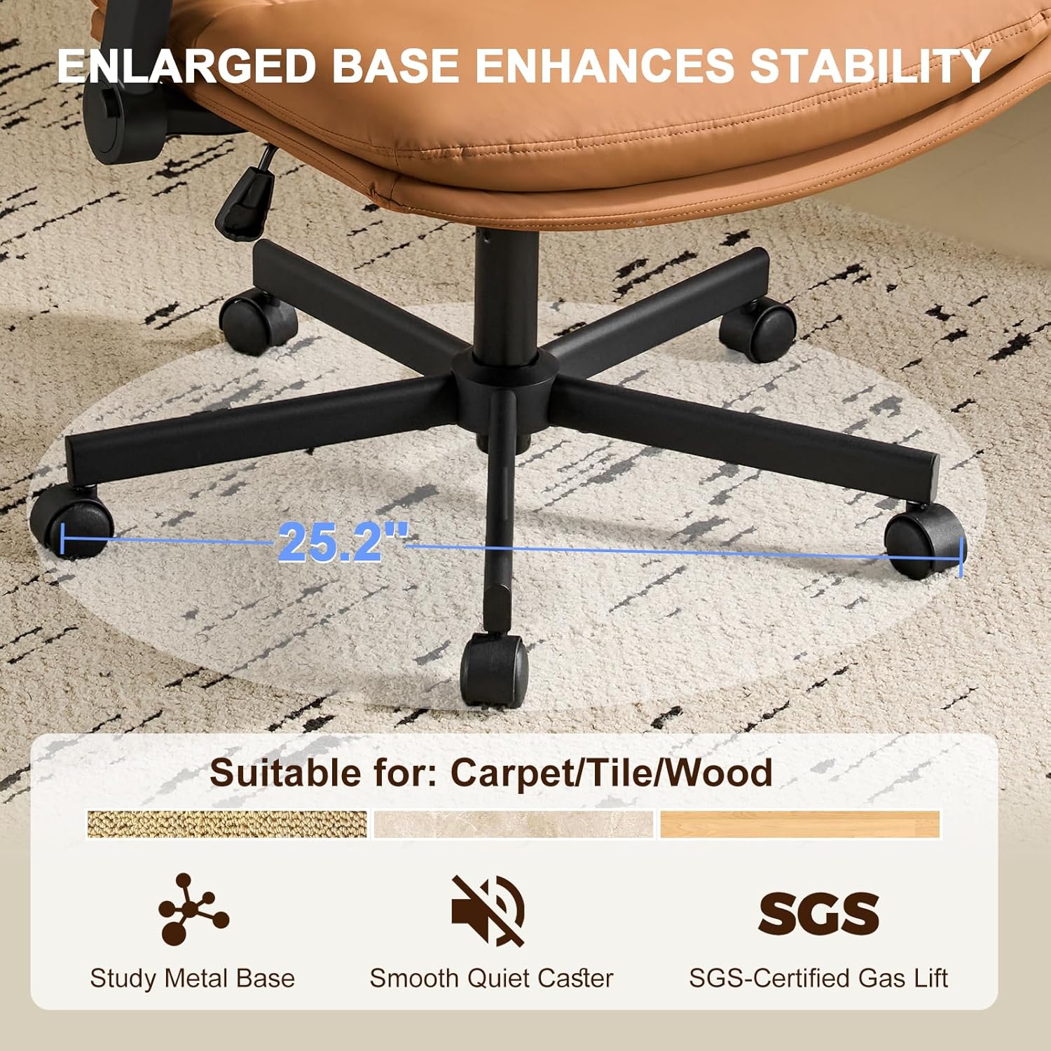 Furniliving Criss Cross Office Chair with Wheels and Flip-up Arms, Luxury Cat Scratch PU Leather Vanity Desk Chair, Upholstered Wide Cross Legged Chair for Home Office, Bedroom, Brown