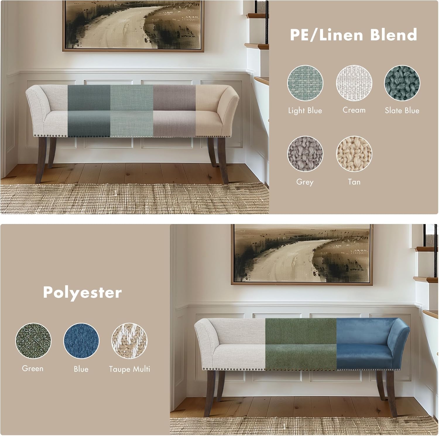 Madison Park Accent Bench, Upholstered with Nailhead Trim, & Padded Seat Entryway Bench Small, End of Bed Bench with Back, 49.5