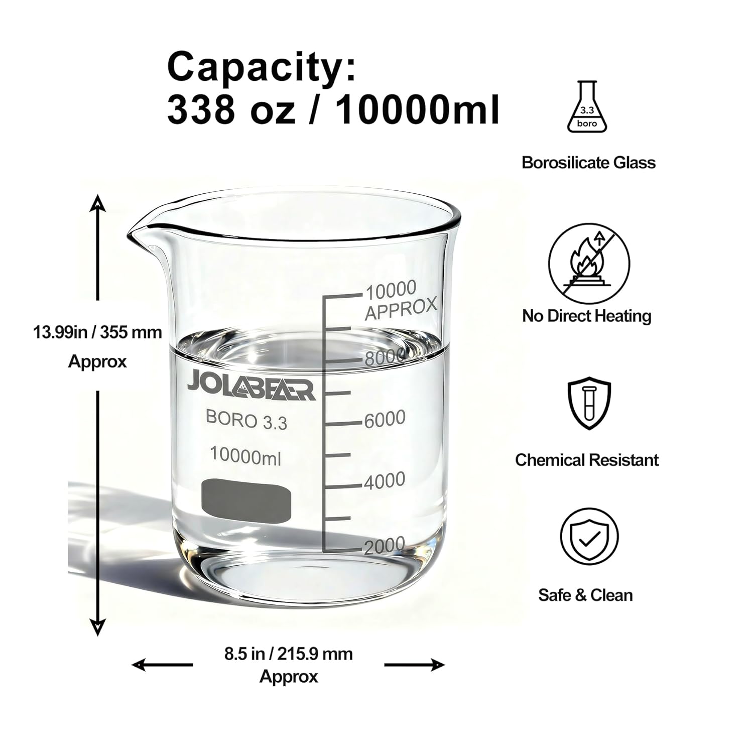10000ml Low Form Griffin Glass Beaker, Heavy-Duty Borosilicate Glass with Graduated Scale, Wide Mouth & Anti-Spill Rim for Chemistry Lab, Industrial and Home Use
