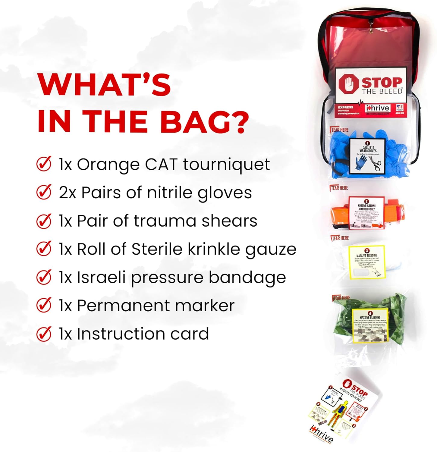 iThrive Express Bleeding Control Kit with Tourniquet - Easy-to-Use Emergency Kit with Official Stop The Bleed License - First Aid Kit Assembled in USA by Veterans - Emergency Supplies