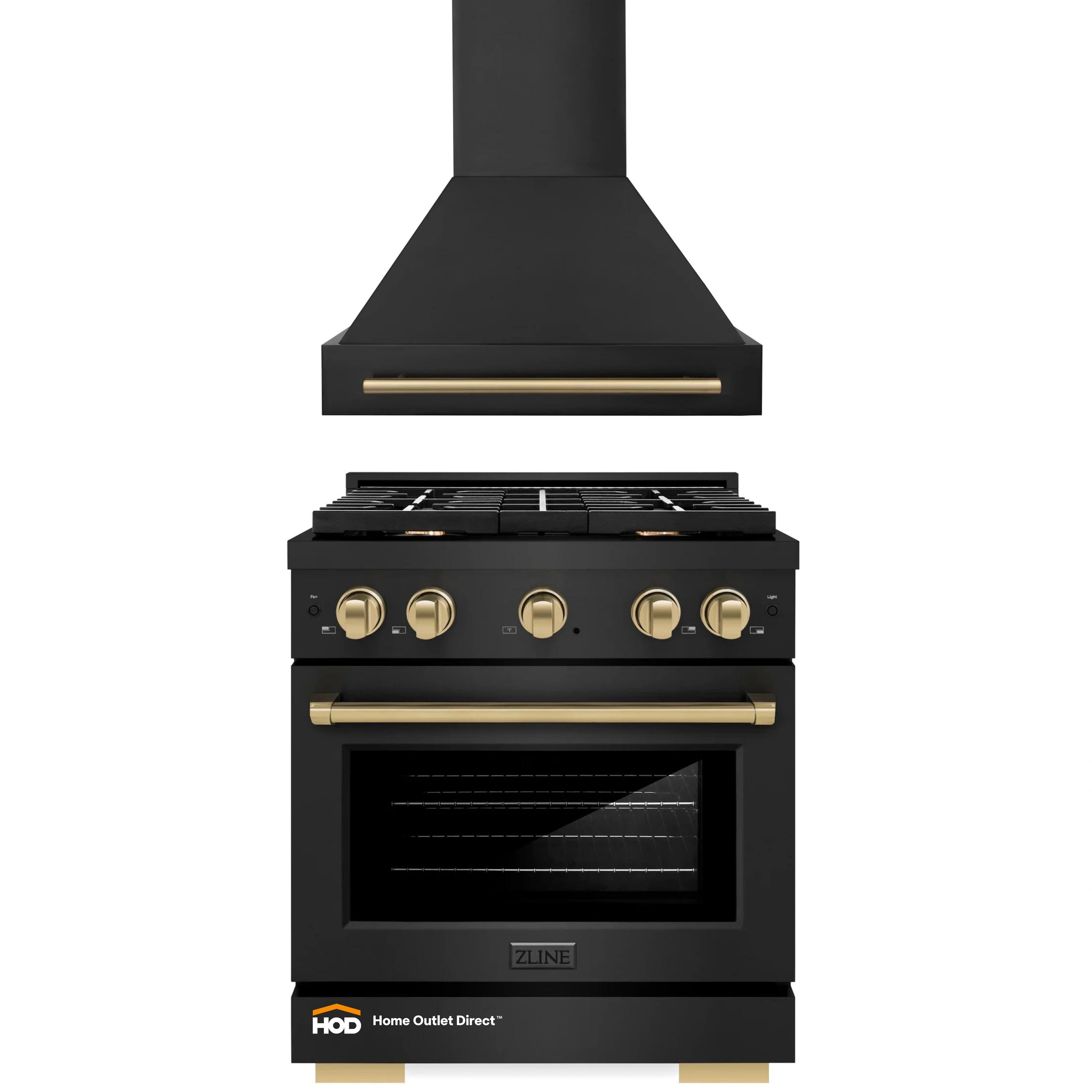 ZLINE Autograph Edition 2-Piece Appliance Package - 30-Inch Gas Range & Wall Mounted Range Hood in Black Stainless Steel with Champagne Bronze Trim (2AKP-SGRBRH30-CB)