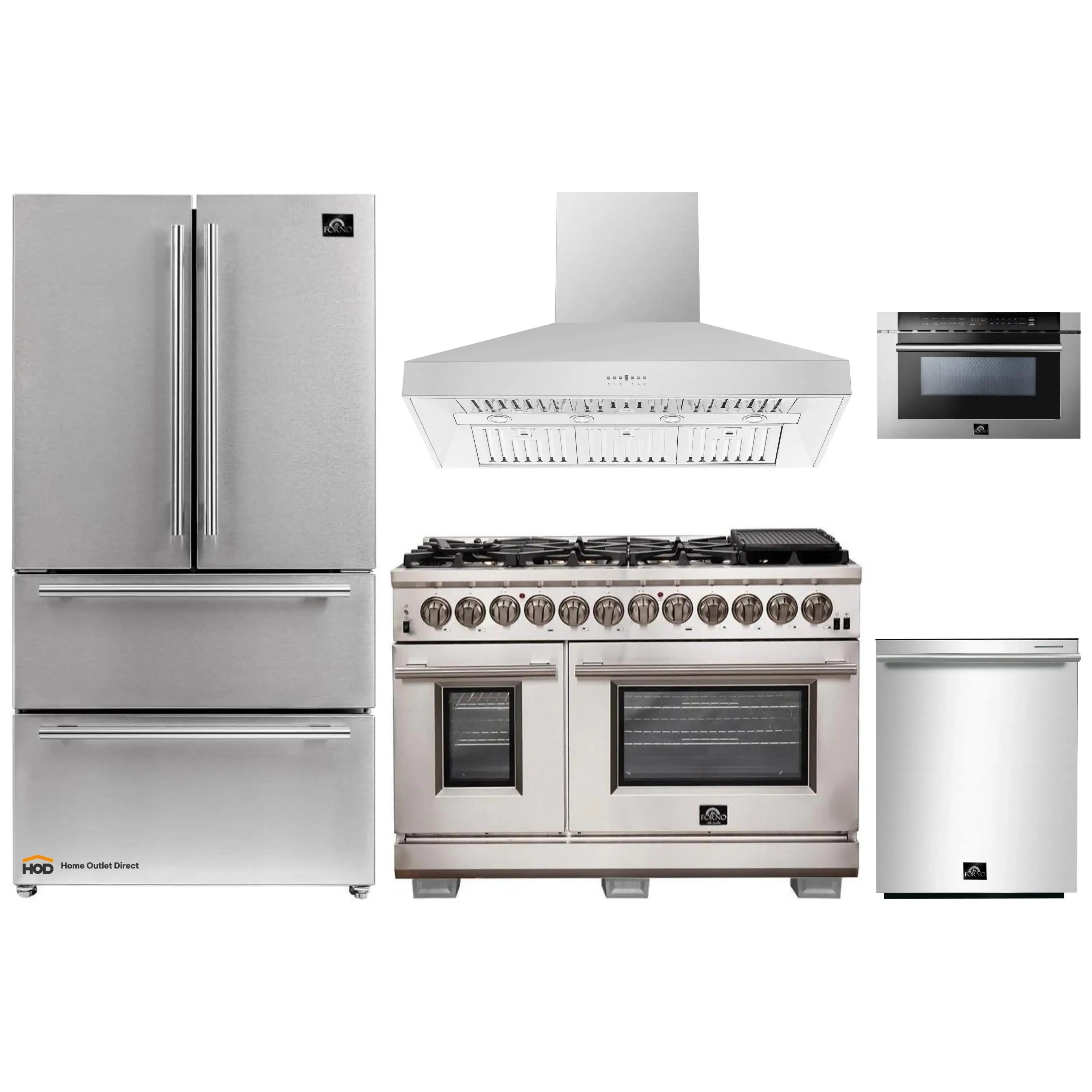 Forno 5-Piece Pro Appliance Package - 48-Inch Dual Fuel Range, Refrigerator, Wall Mount Hood, 24-Inch Microwave Drawer, & 3-Rack Dishwasher in Stainless Steel