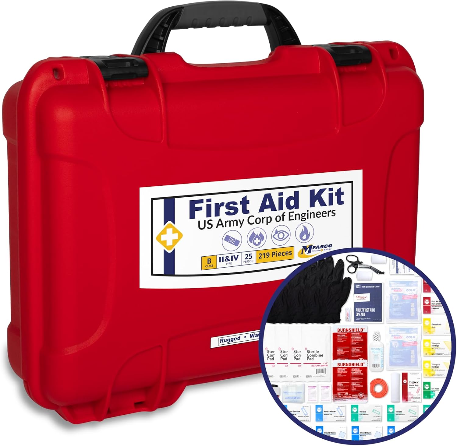 MFASCO Waterproof Rugged First Aid Kit 2021 OSHA Class B & 2024 EM385-1-1 Approved, Rugged Case for Construction & Work Sites