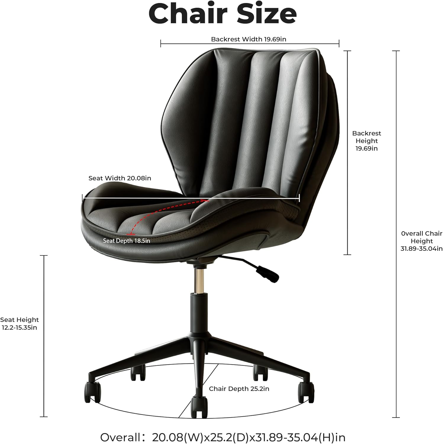 Home Office Desk Chair with Wheels, Armless Adjustable Height PU Leather Office Chair, Mid Back Ergonomic Computer Chair, Walnut Curved Seat Design No-Arm Chair (9008-Black)