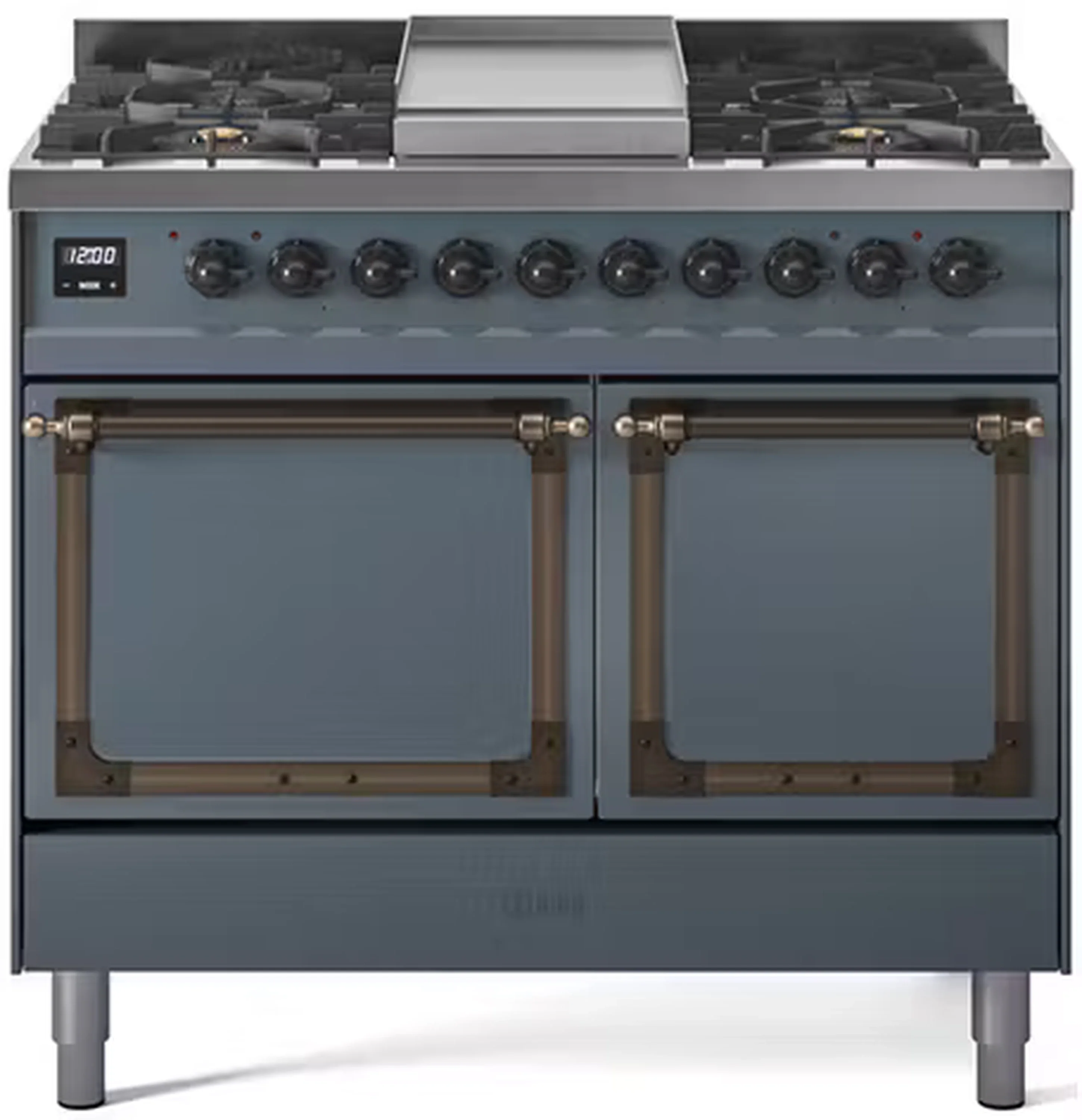 ILVE 40-Inch Nostalgie II Noblesse Dual Fuel Range with Solid Door Oven in Blue Grey with Bronze Trim (UND40FQNMPBGB)