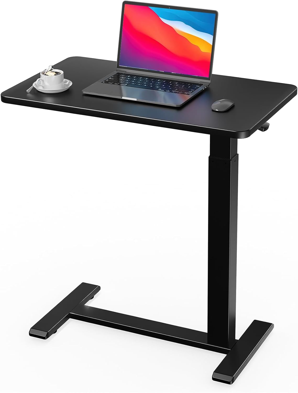 Ywin Medical Adjustable Overbed Bedside Table with Wheels, Rolling Standing Desk, Pneumatic Small Side Bed Table with Tray for Couch, Hospital, Home,Office Use (Black)