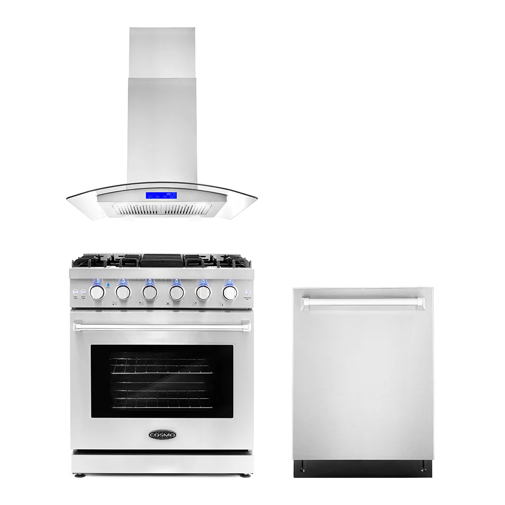 Cosmo 3 - Piece Appliance Package - 30-Inch Gas Range, 30-Inch Island Range Hood and 24-Inch Dishwasher (COS-3PKG-024)