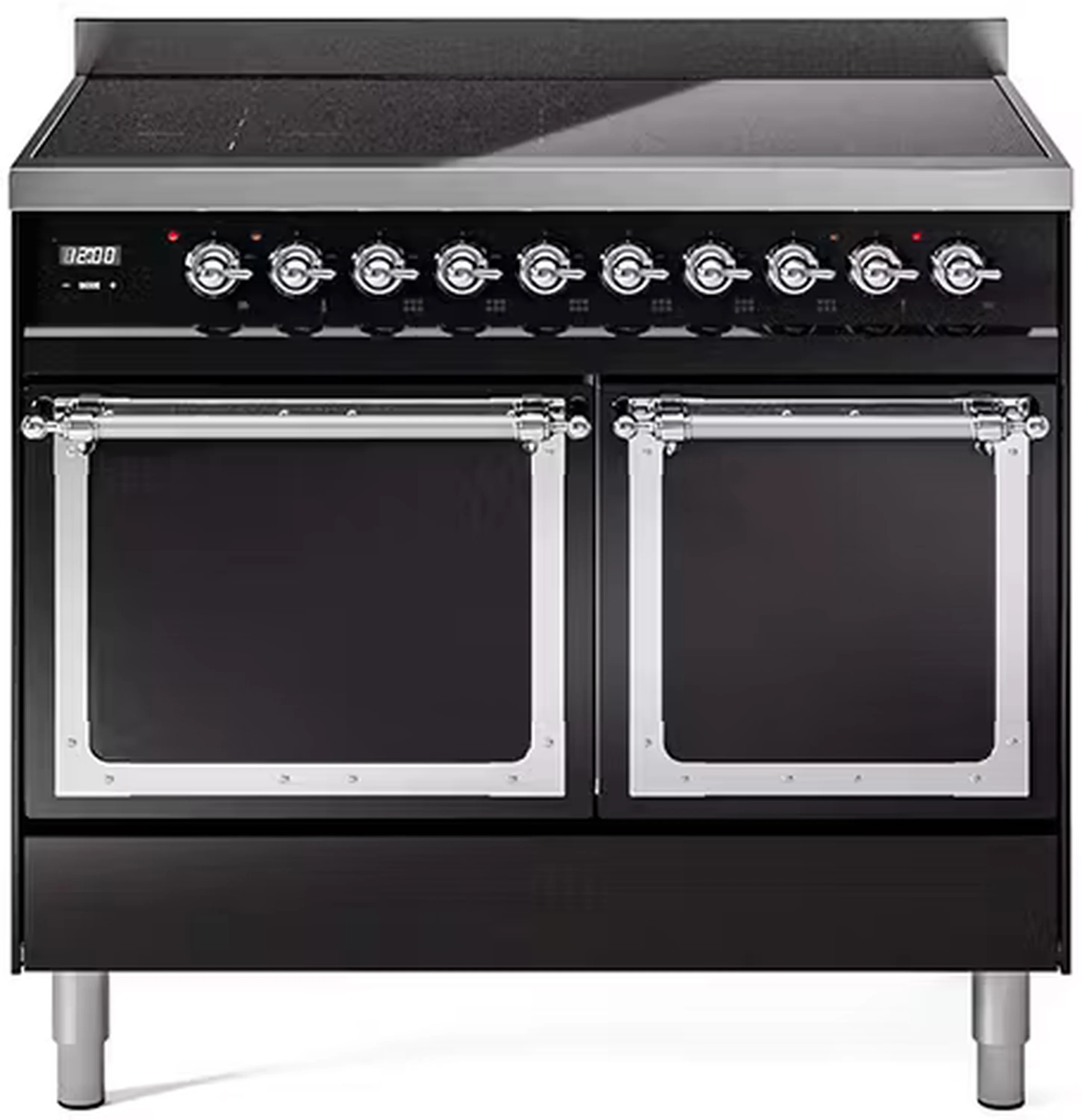 ILVE 40-Inch Nostalgie II Noblesse Induction Range with Solid Door Oven in Glossy Black with Chrome Trim (UNDI406QNMPBKC)