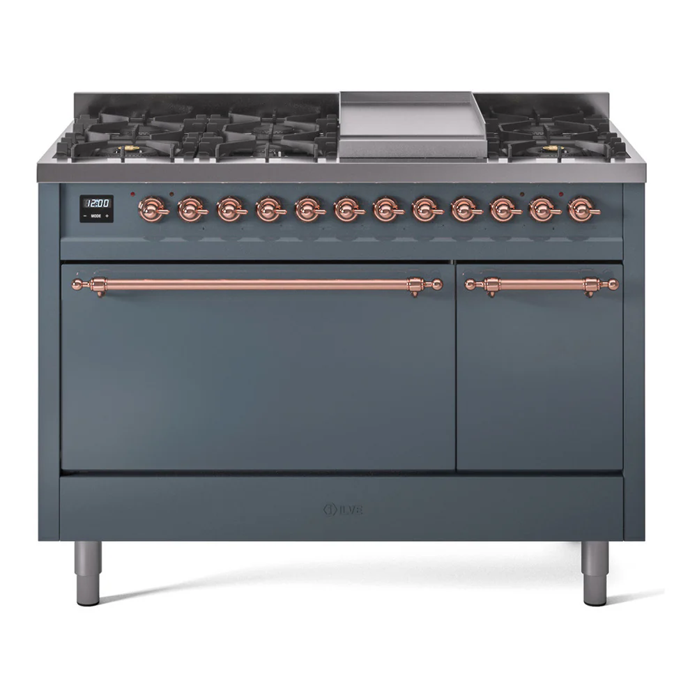ILVE 48-Inch Nostalgie II Dual Fuel Range with 8 Burners, Griddle, and Solid Door Oven in Blue Grey with Copper Trim (UP48FQNMPBGP)