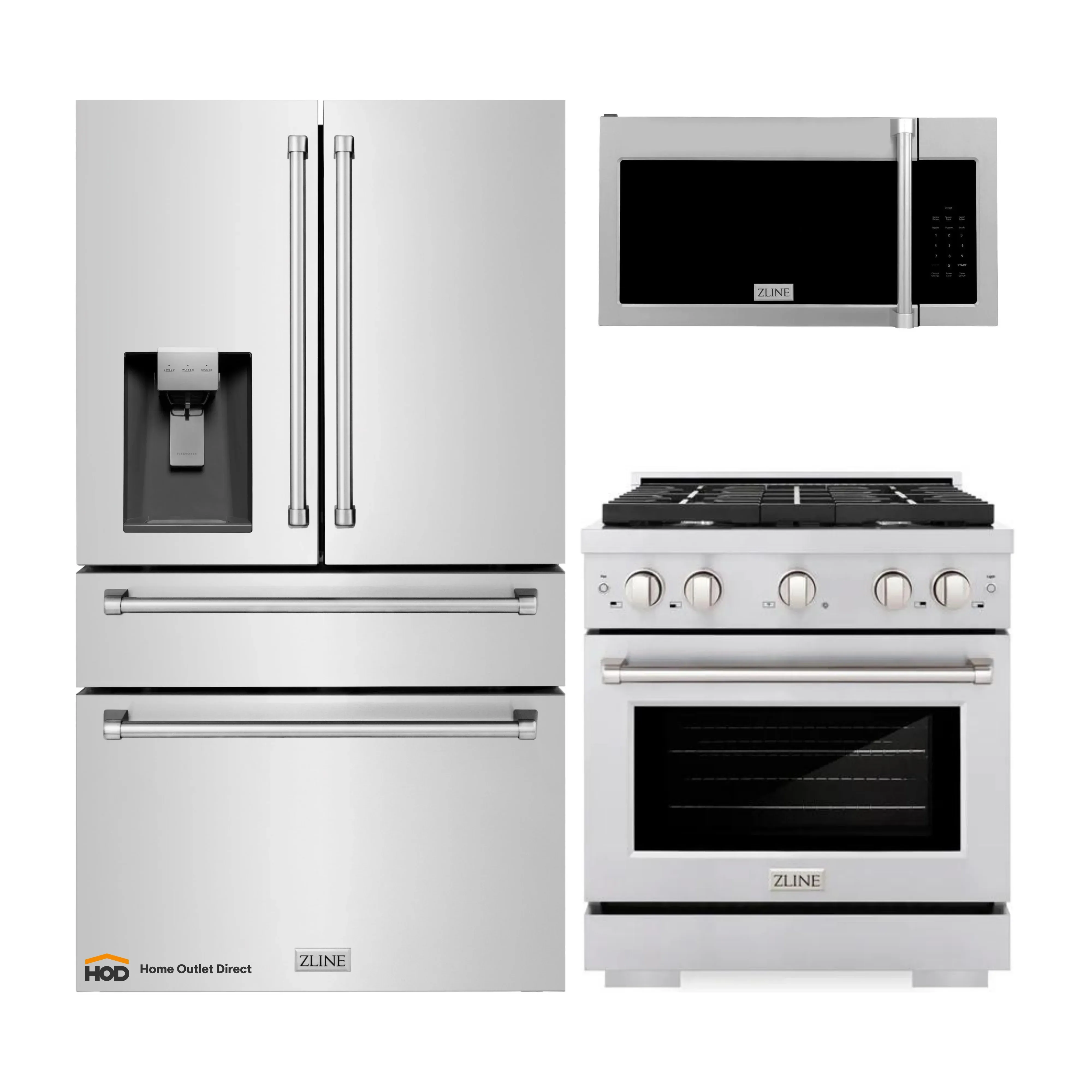 ZLINE 3-Piece Appliance Package - 30-Inch Gas Range, Refrigerator with Water Dispenser, & Over-the-Range Microwave/Vent Hood Combo (3KPRW-SGROTRH30)
