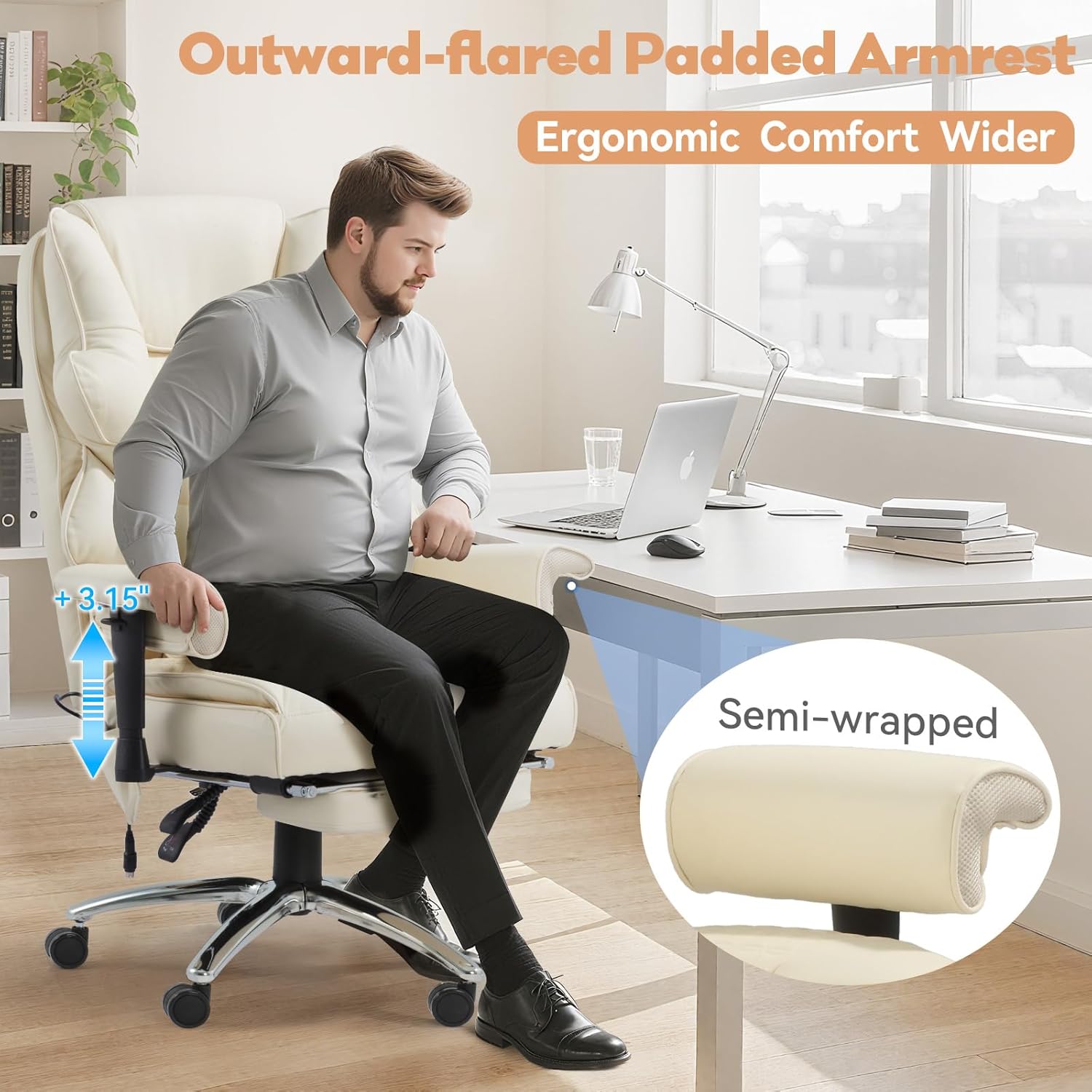 Massage Office Chair with Foot Rest, Ergonomic Executive Heated Office Chair with Reclining Backrest, Adjustable Arms and Lumbar Support, High Back Leather Desk Chairs for Home Office, Beige