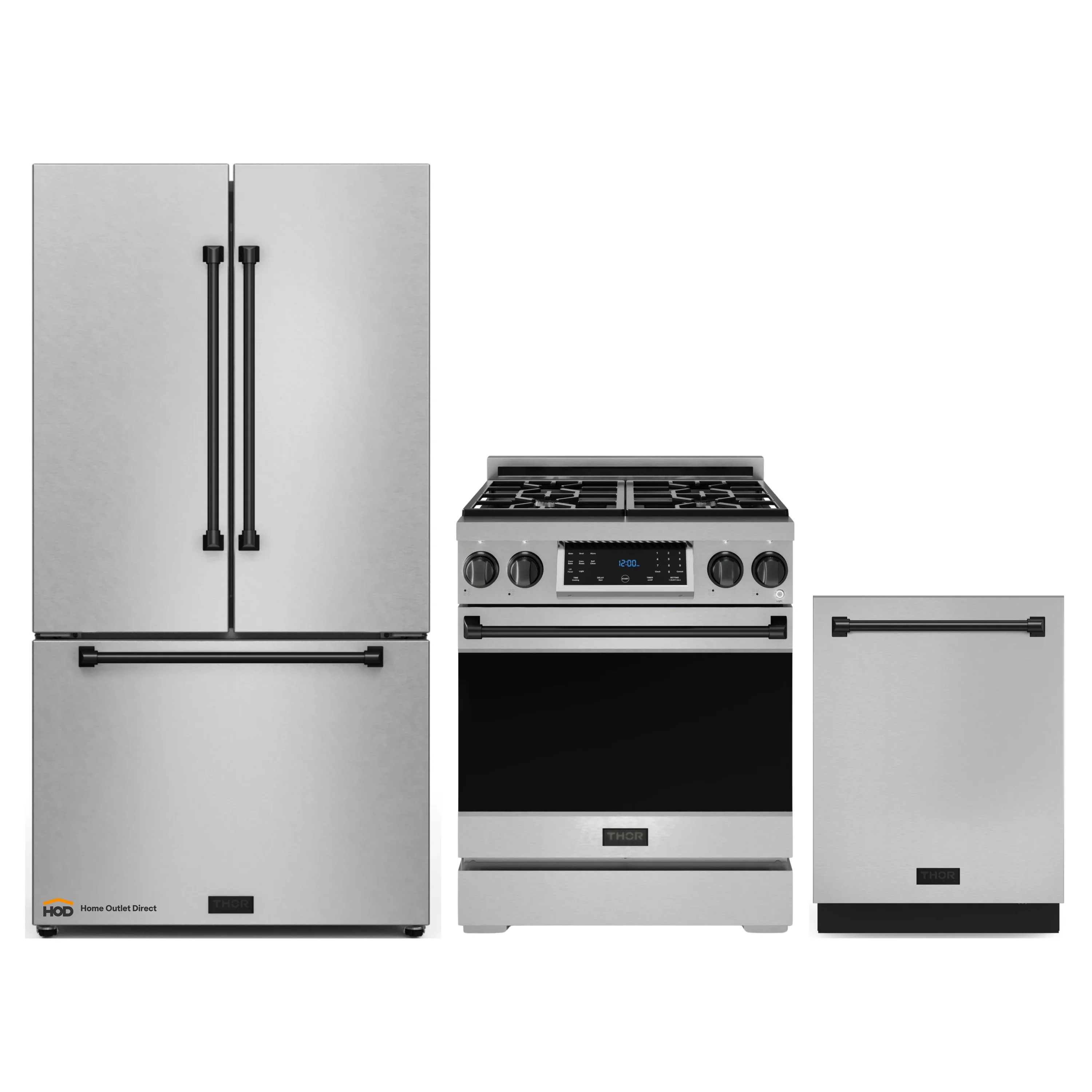 Gordon Ramsay by Thor Kitchen 3-Piece Appliance Package - 30-Inch Gas Range with Tilt Panel, 36-Inch Refrigerator, and Dishwasher in Stainless Steel with Black Trim