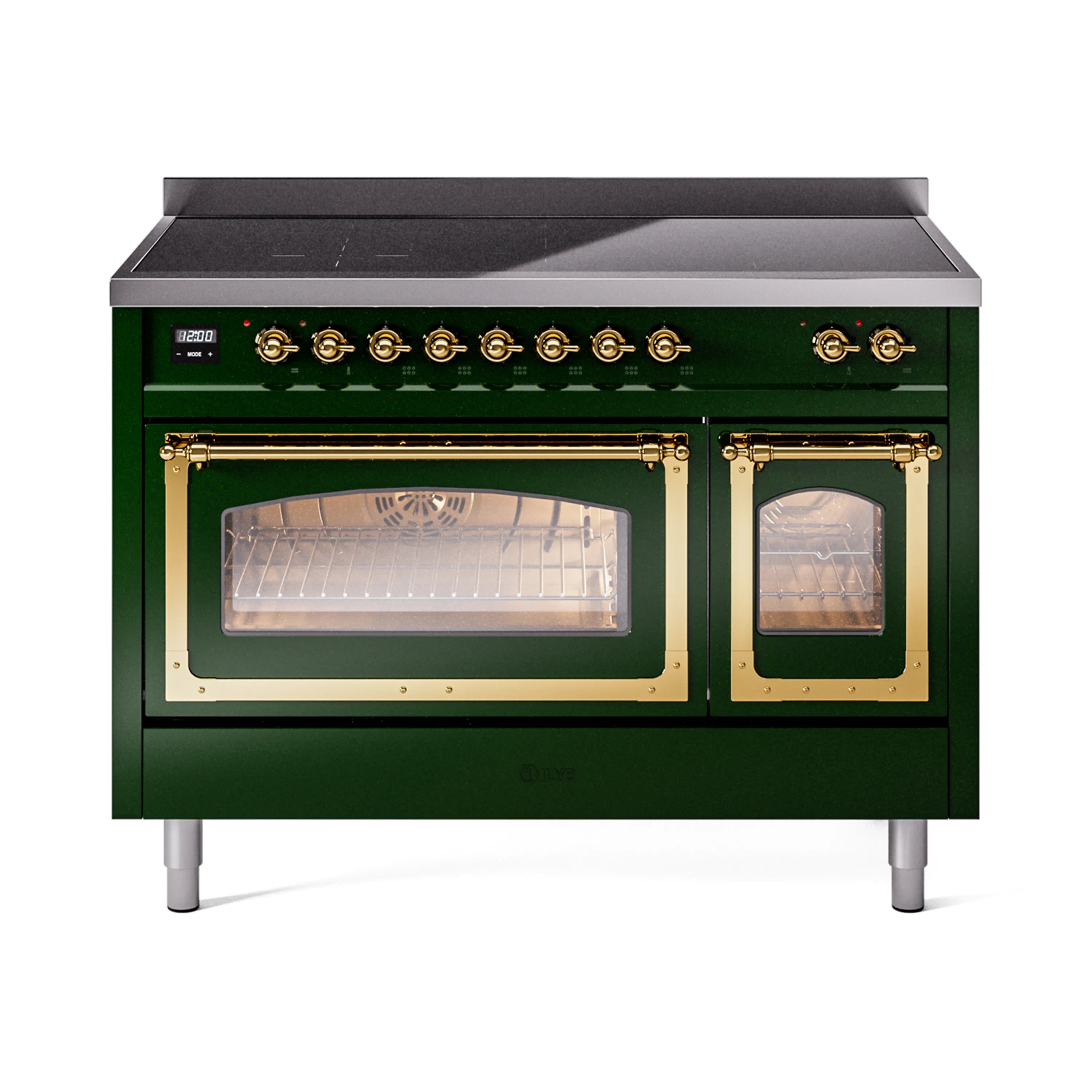 ILVE Nostalgie II Noblesse 48-Inch Induction Range with Triple Glass Door in Emerald Green with Brass Trim (UNI486NMPEGG)