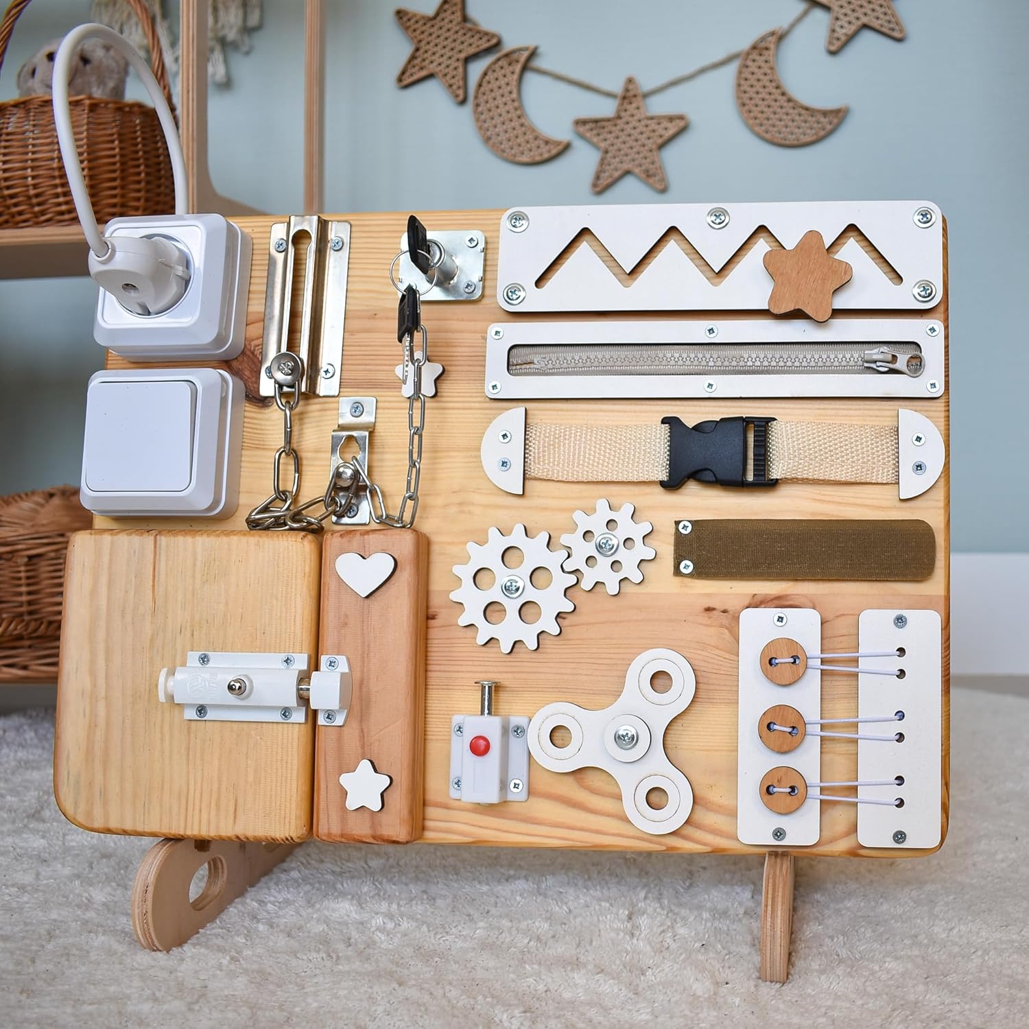 Small Busy Board for Seniors with Dementia – Alzheimer’s Fidget Activity Panel for Elderly Memory Loss, Handmade Sensory Therapy Board for Adults with Cognitive Decline (With a wooden stand)