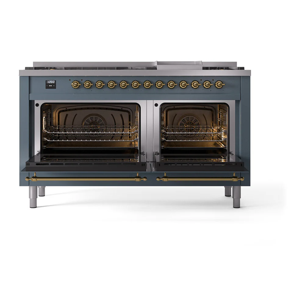 ILVE 60-Inch Nostalgie II Noblesse Dual Fuel Range with 9 Sealed Burners, Griddle, and Solid Door Oven in Blue Grey with Brass Trim (UN60FQNMPBGG)