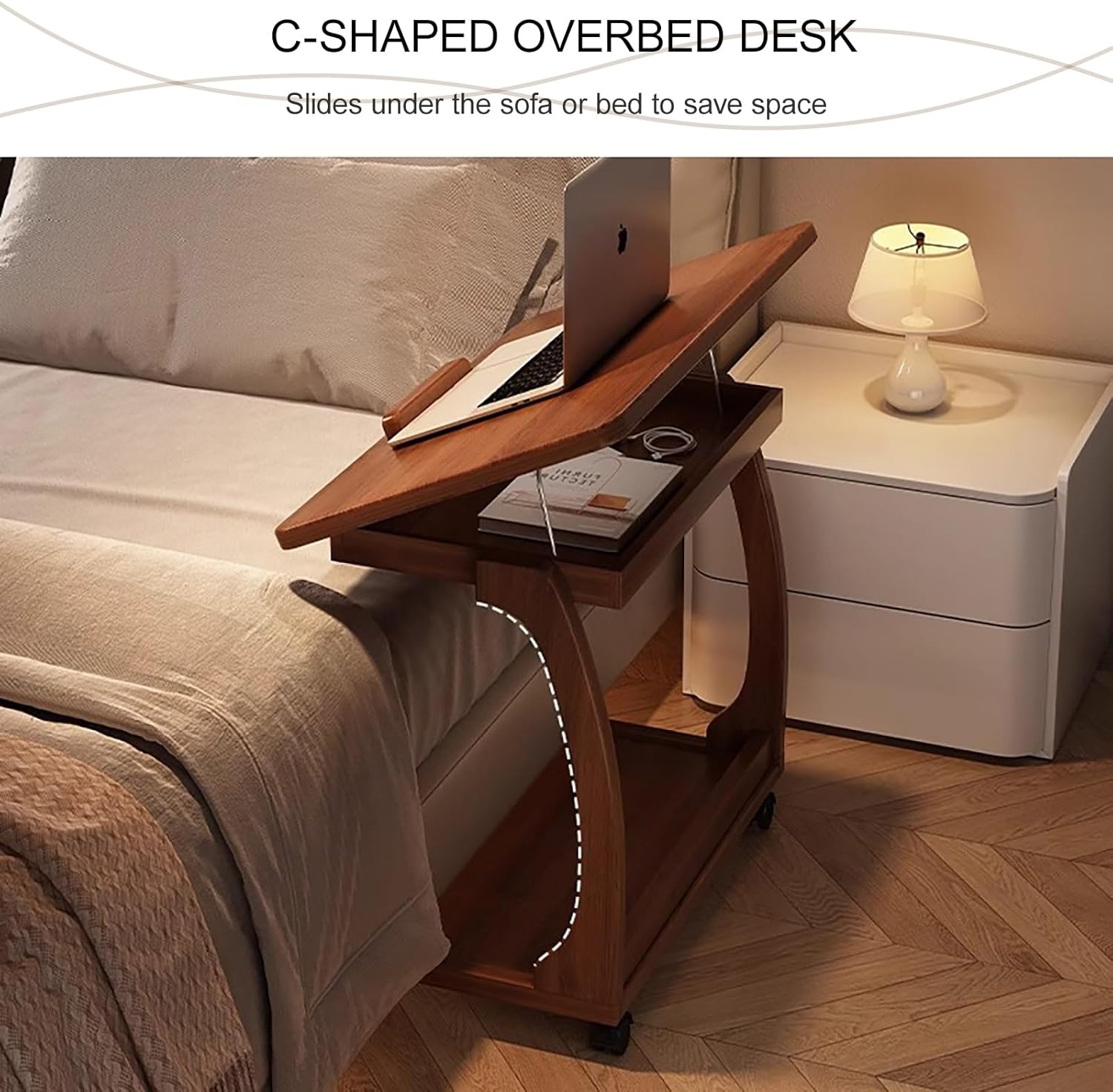 Overbed Table with Wheels Adjustable Standing Laptop Cart, Sturdy Wood Computer Desk with Tiltable Tabletop for Laptop and Bedroom Work(60cm/23.6in)