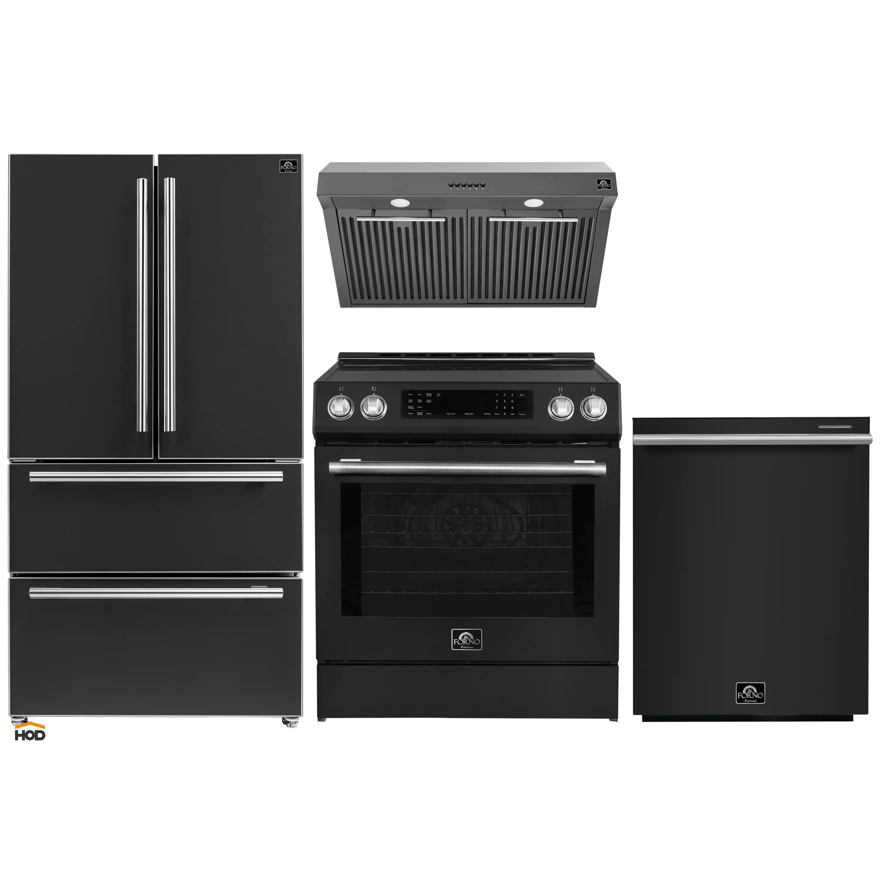 Forno Espresso 4-Piece Appliance Package - 30-Inch Induction Range, Under Cabinet Range Hood, Refrigerator and Dishwasher in Black with Stainless Steel Trim