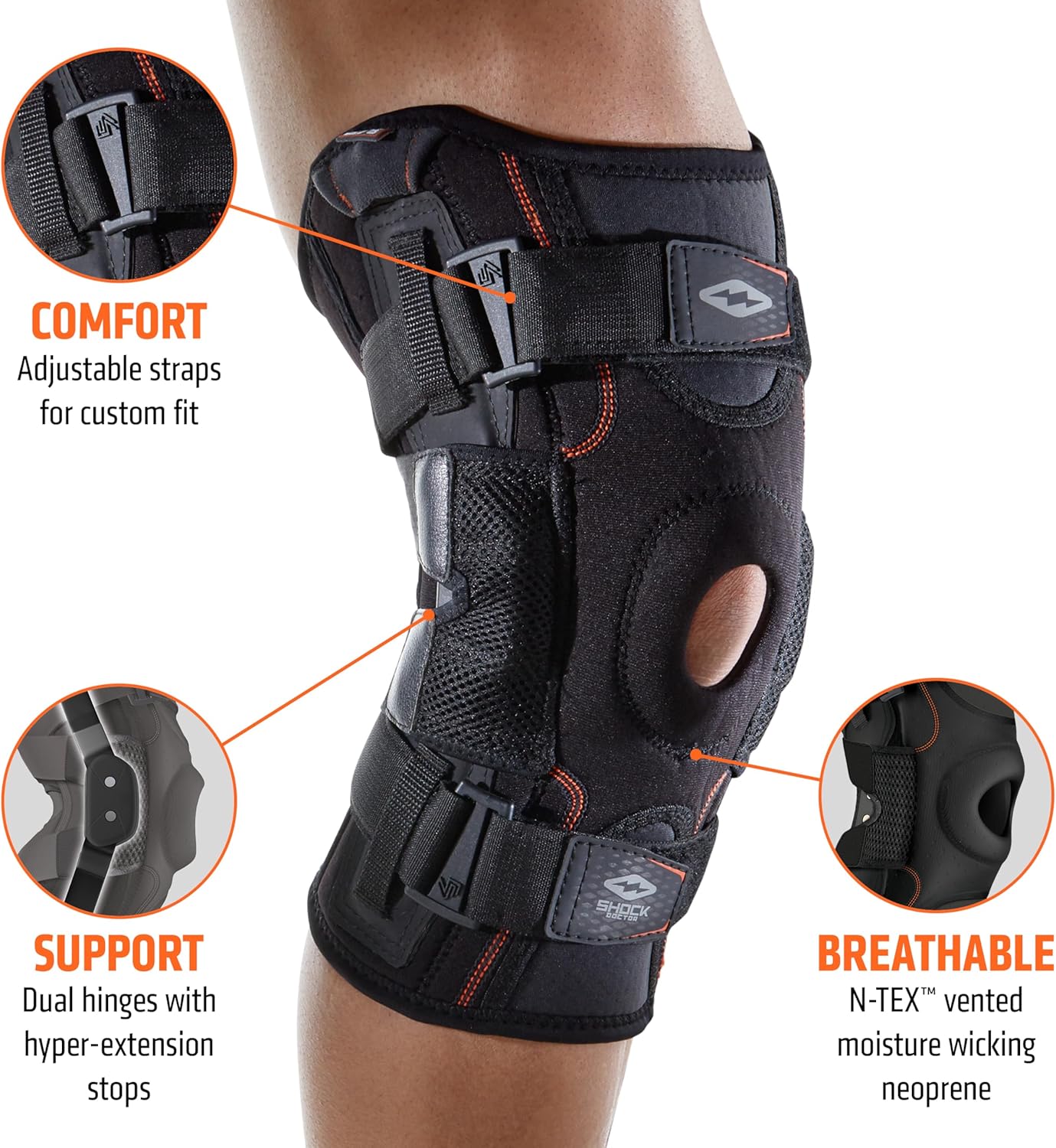 Shock Doctor Knee Brace, Compression Knee Brace for Men & Women, Hinged Knee Brace with Side Stabilizers, Maximum Support, Adjustable Dual Hinges, Knee Braces and Knee Support