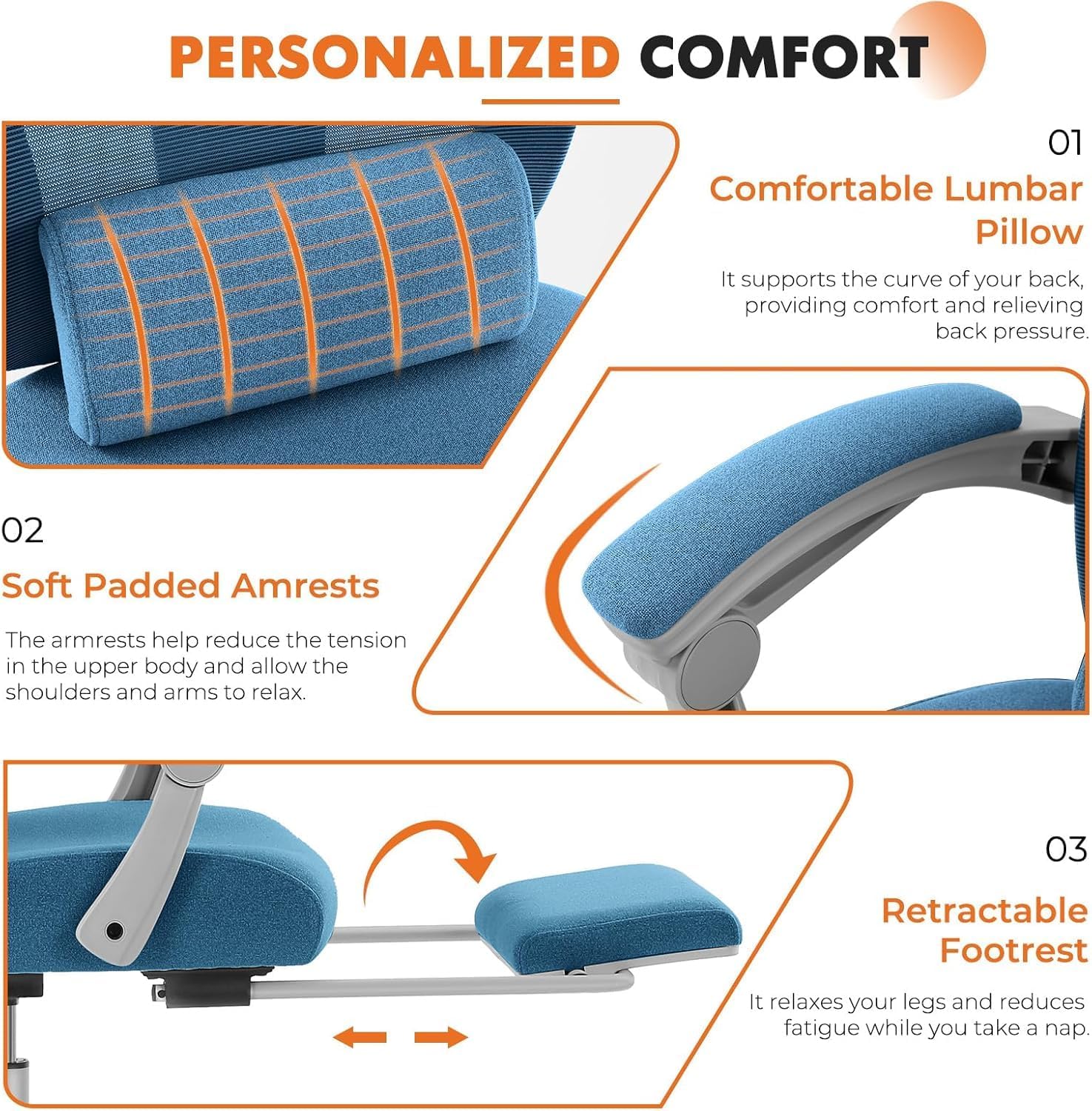 Sweetcrispy Office Computer Desk Chair Set of 2, Ergonomic High-Back Mesh Rolling Work Swivel Chairs with Wheels, Comfortable Lumbar Support, Comfy Arms for Home, Bedroom, Study, Student, Blue