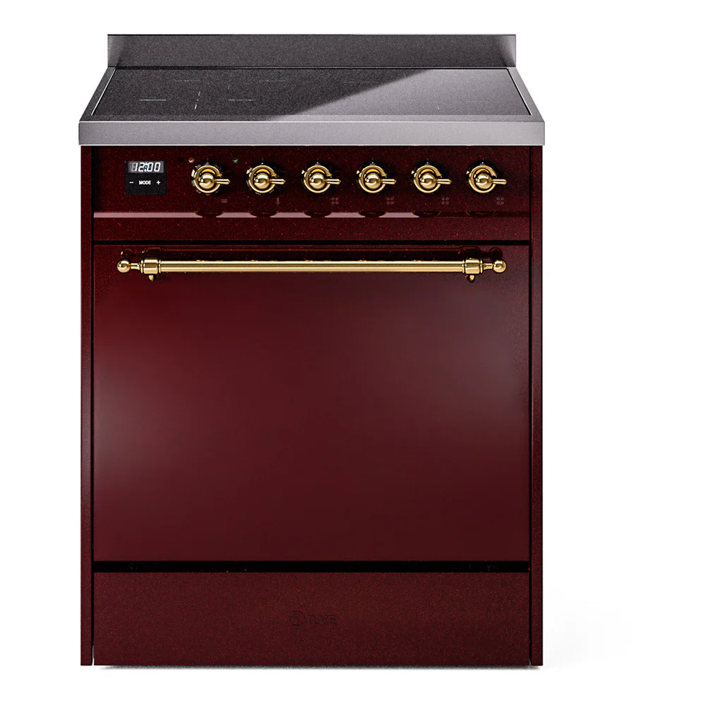 ILVE 30-Inch Nostalgie II Induction Range with Solid Door Oven in Burgundy with Brass Trim (UPI304QNMPBUG)