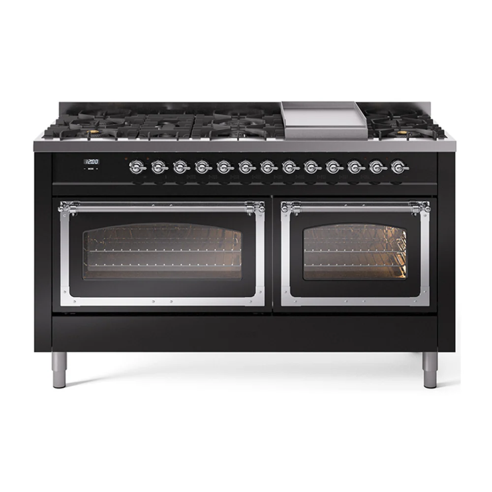 ILVE 60-Inch Nostalgie II Noblesse Dual Fuel Range with 9 Sealed Burners, Griddle, Triple Glass Door Oven in Glossy Black with Chrome Trim (UN60FNMPBKC)