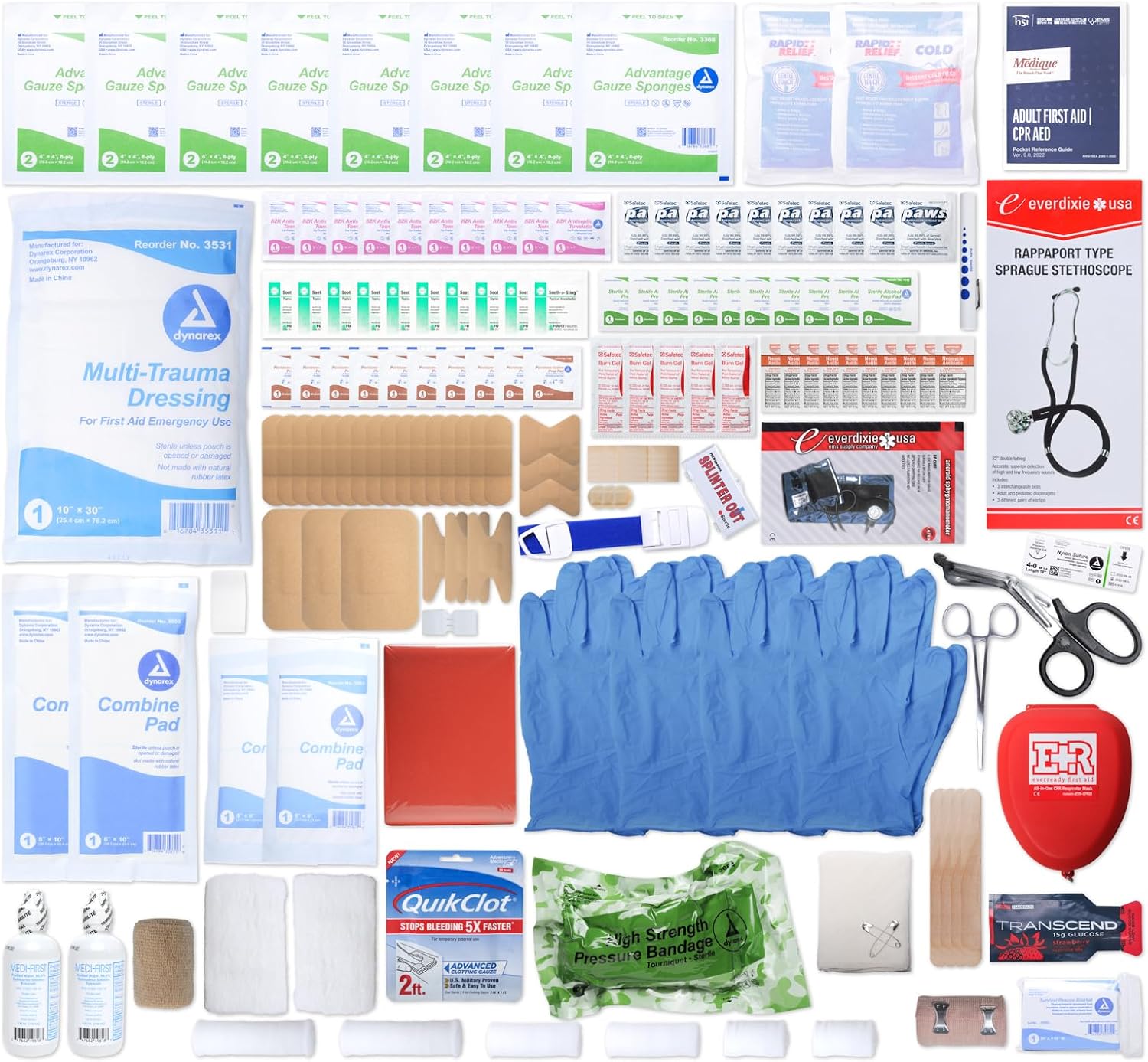 MFASCO Emergency Response GO First Aid Bag - 160 Pcs EMT Trauma Kit, First Responder Medical Bag, Deluxe Stocked Kit with Tourniquet, Sprague Stethoscope, Pressure & Bleeding Control Dressings