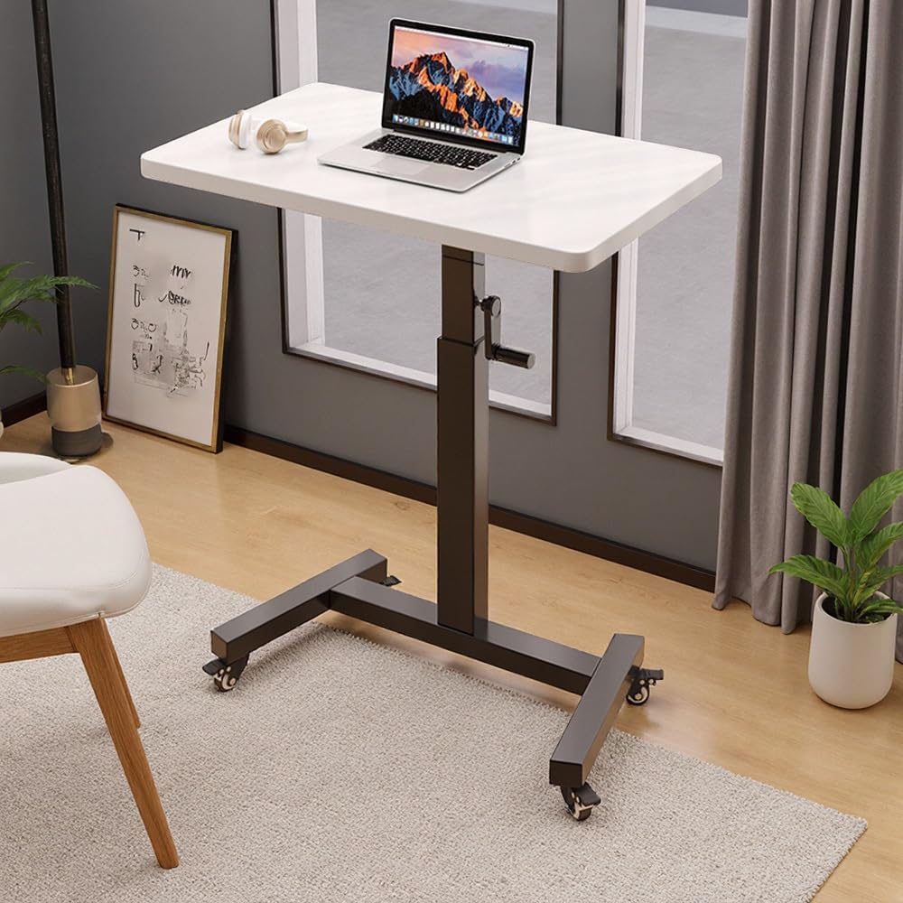 Bedside Table Height Adjustable Overbed Table with Wheels Laptop Desk for Bed Sofa Standing Desk Mobile Bed Tables, White Walnut(White+Black Frame,80x40cm)