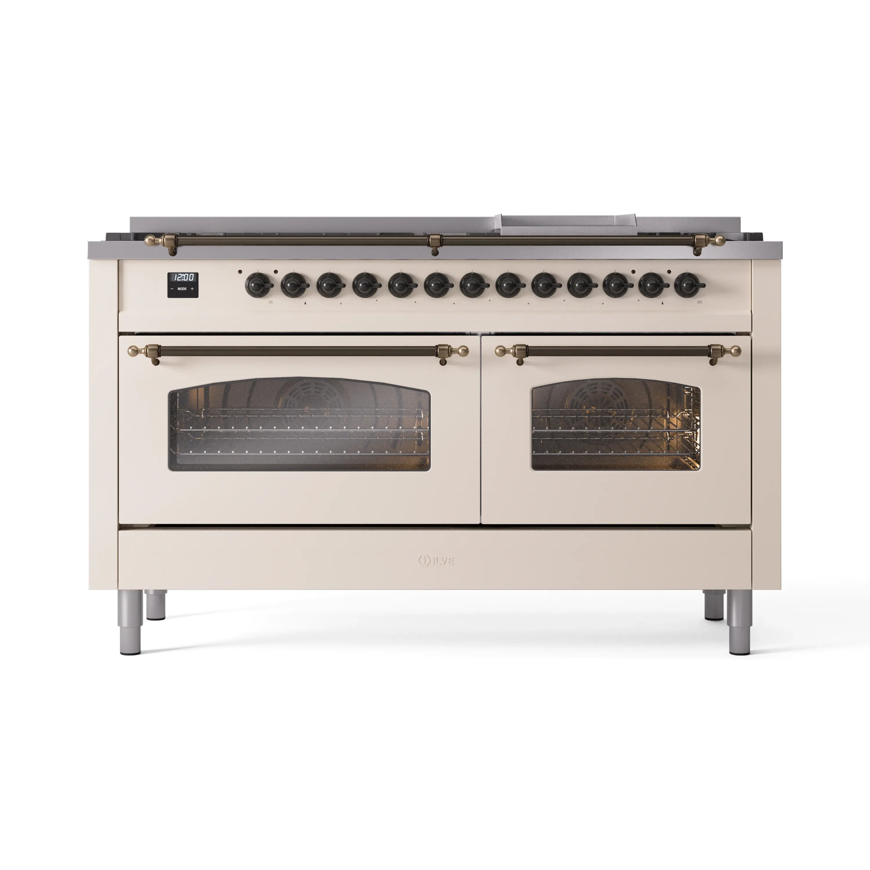 ILVE 60-Inch Nostalgie II Dual Fuel Range with 9 Burners, Griddle and Triple Glass Door Oven in Antique White with Bronze Trim (UP60FNMPAWB)