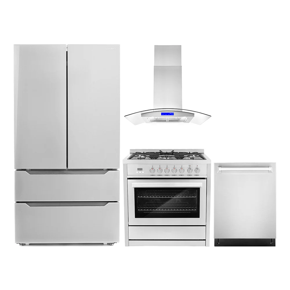 Cosmo 4-Piece Appliance Package - 36-Inch Dual Fuel Range, Island Range Hood, Dishwasher and Refrigerator in Stainless Steel (COS-4PKG-075)