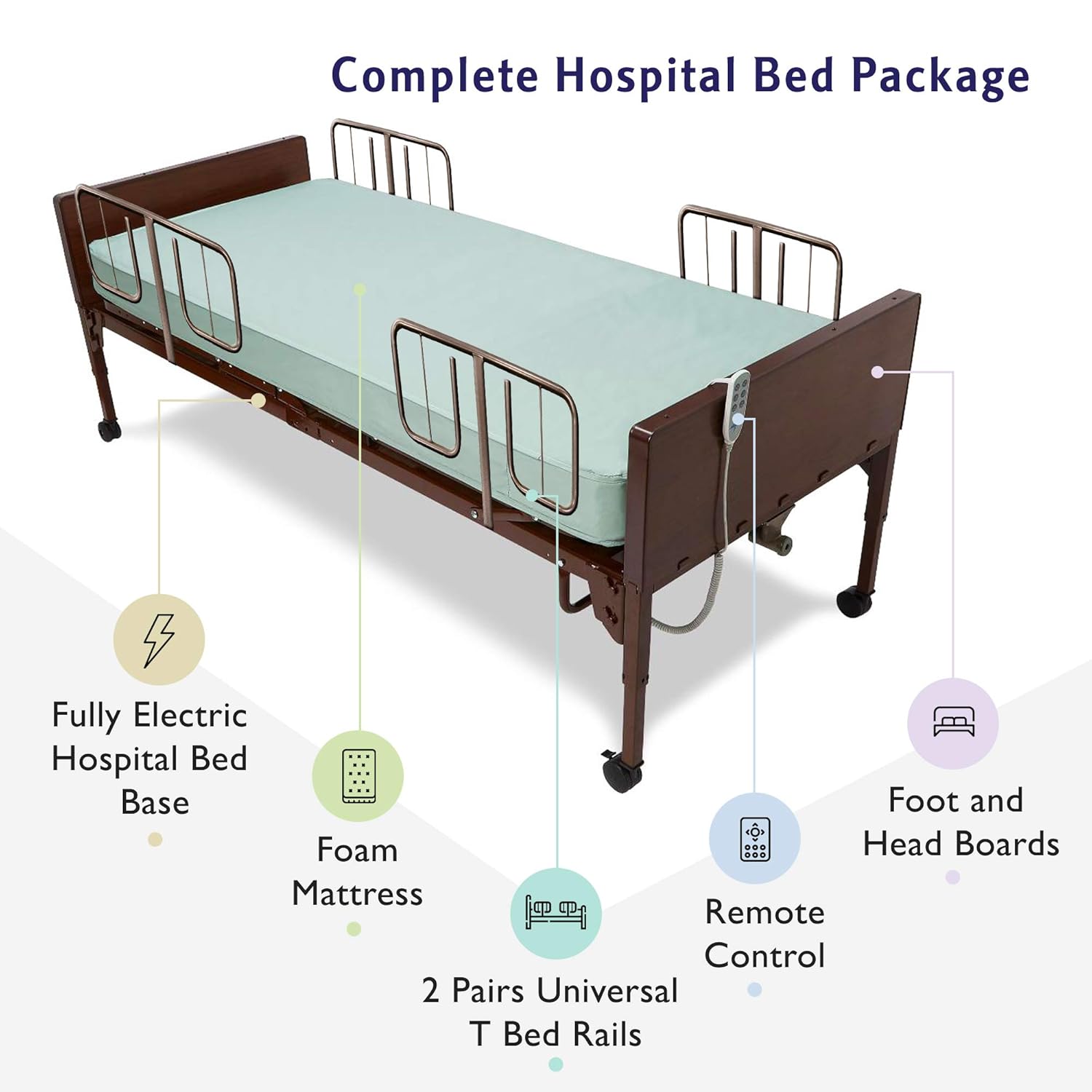 Full Electric Bariatric Hospital Bed with Foam Mattress and T-Rails Included - Extra Wide, Heavy Duty - 80” x 42”, 600 lb Weight Capacity - for Home Care and Medical Facilities