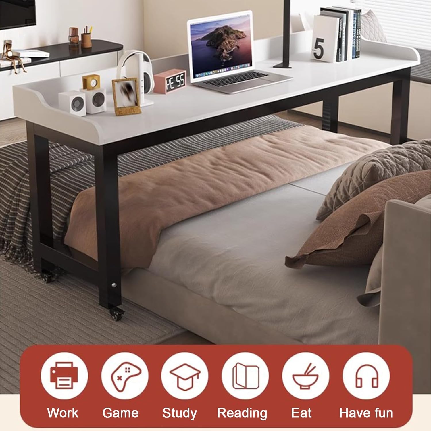 Mobile Overbed Table, Bedside Table with 360° Wheels, Standing Over Bed Table, Rolling Medical Over The Bed Desk for Hospital and Home Use