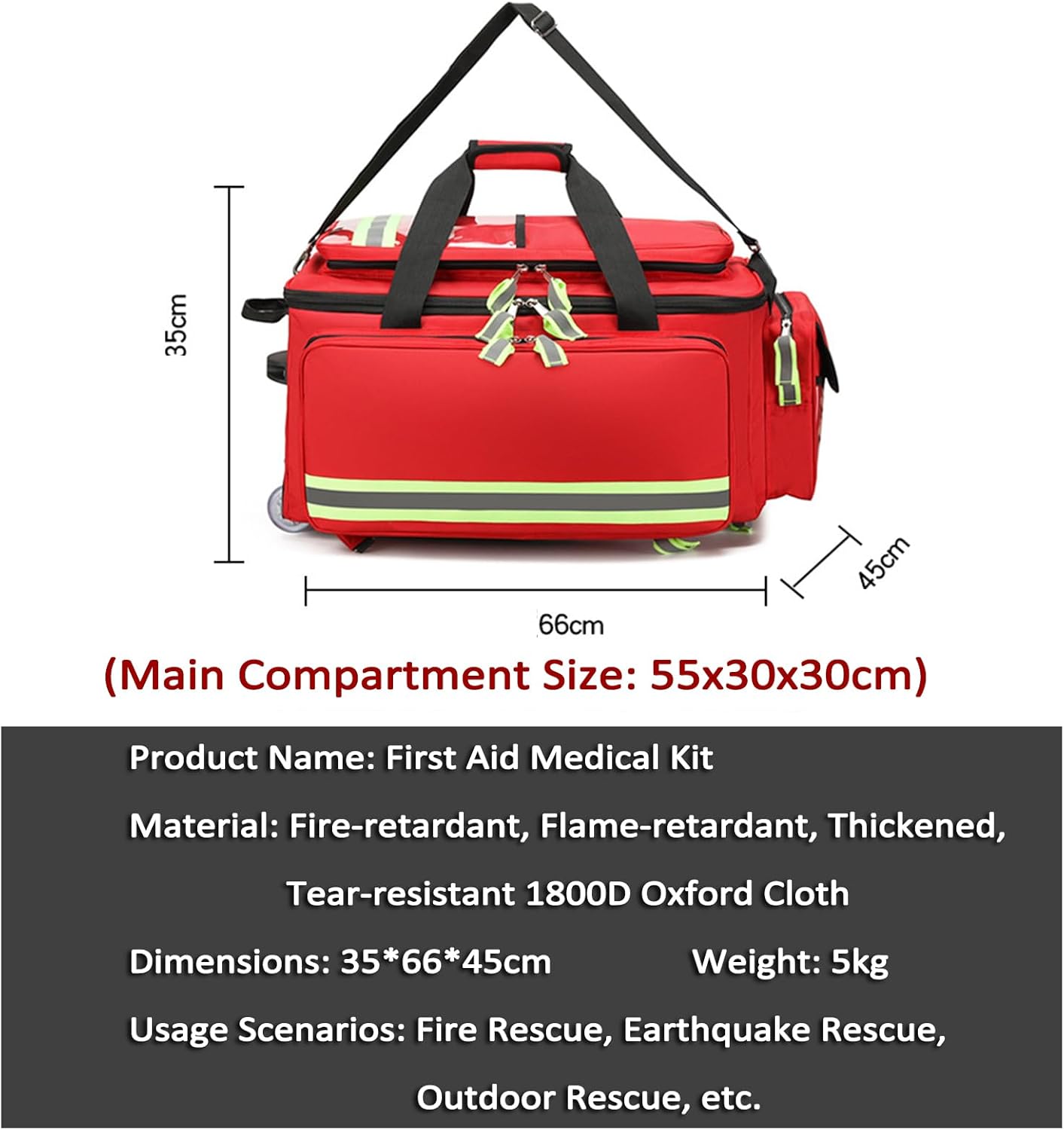 Large Capacity Medical Trolley Bag Empty, Rolling Medical Bag with Wheels, 1800D Oxford Cloth, with Compartments/Reflective Strips, for Home Health, Outdoor Rescue