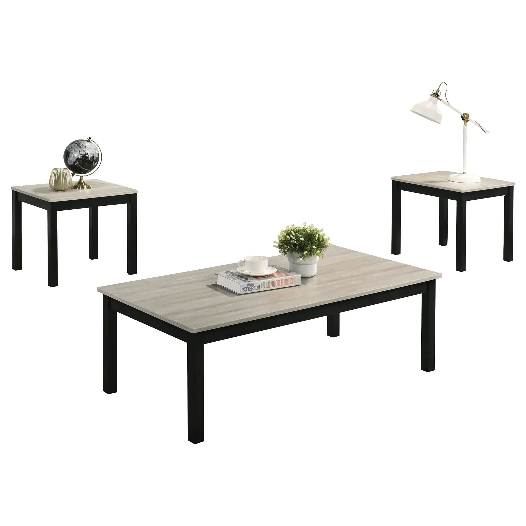 Parrot Uncle Findlay 3-Piece 47.5-Inch Rectangle Faux Marble Top Coffee Table Set with Solid Wood Legs