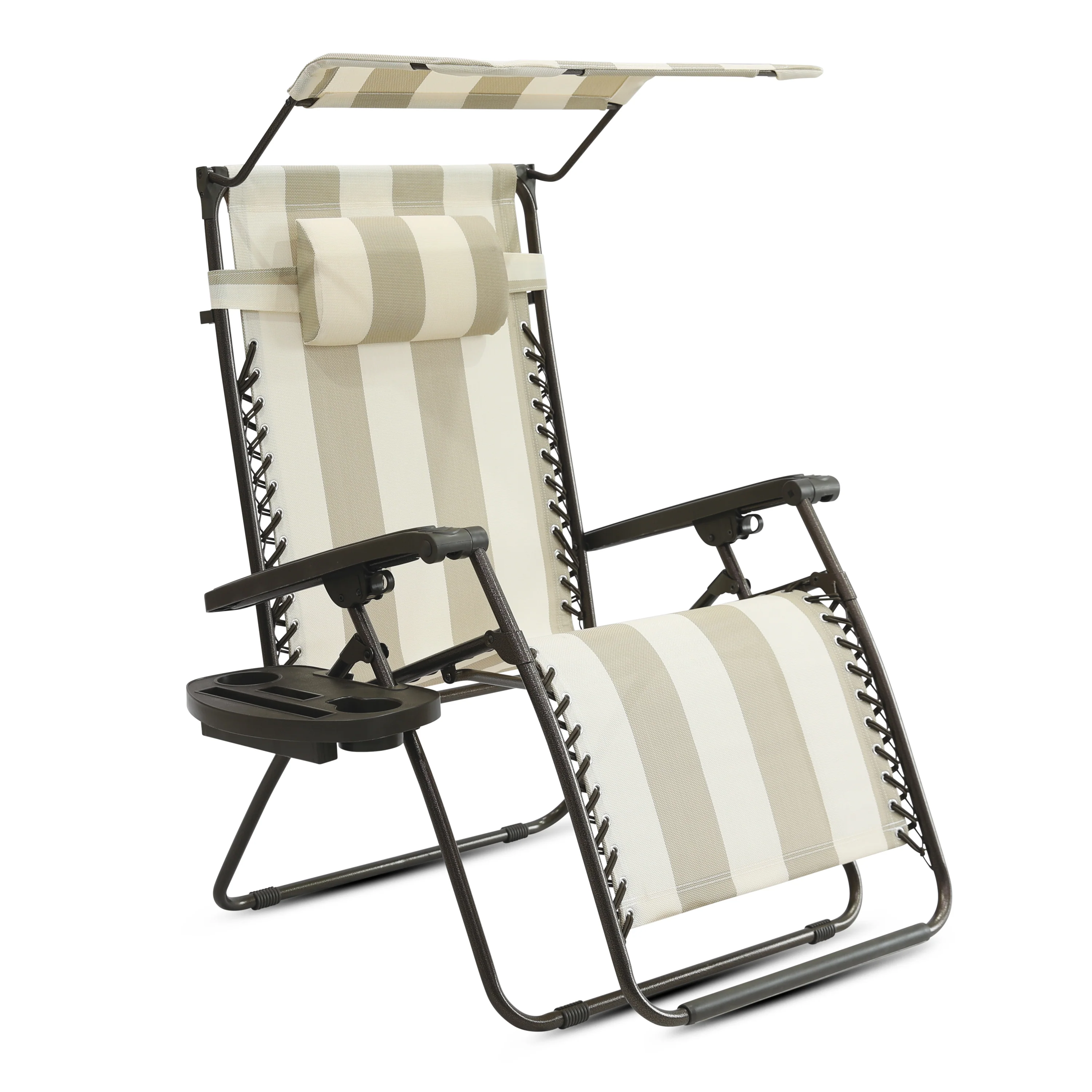 Bliss Hammocks GFC-032-TS-H Gravity Free Chair W/ Canopy, Drink Tray, & Pillow | 32-in. Wide XL | Weather & Rust Resistant | 360 Lb. Capacity (Tan Stripe)