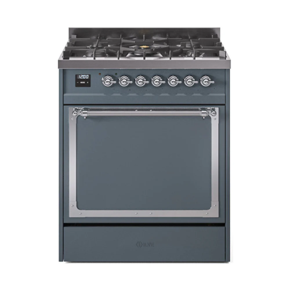 ILVE Nostalgie II Noblesse 30-Inch Dual Fuel Range with Solid Door in Blue Grey with Chrome Trim (UN30QNMPBGC)