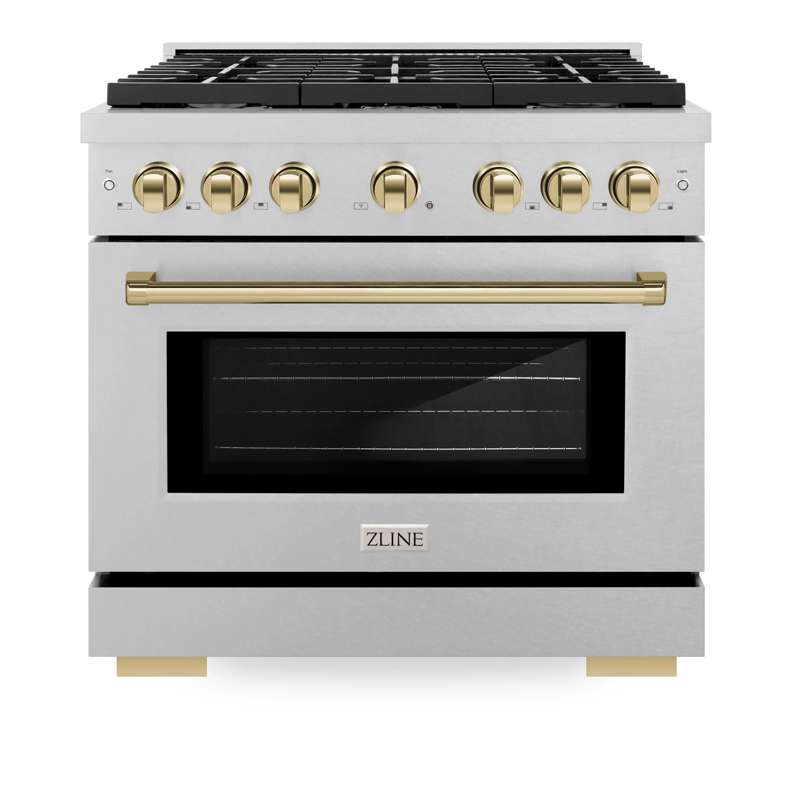 ZLINE Autograph Edition 36-Inch 5.2 cu. ft. Paramount Dual Fuel Range with 6 Burner Gas Cooktop and Electric Convection Oven in Satin Stainless Steel with Polished Gold Accents (SDRSZ-36-G)