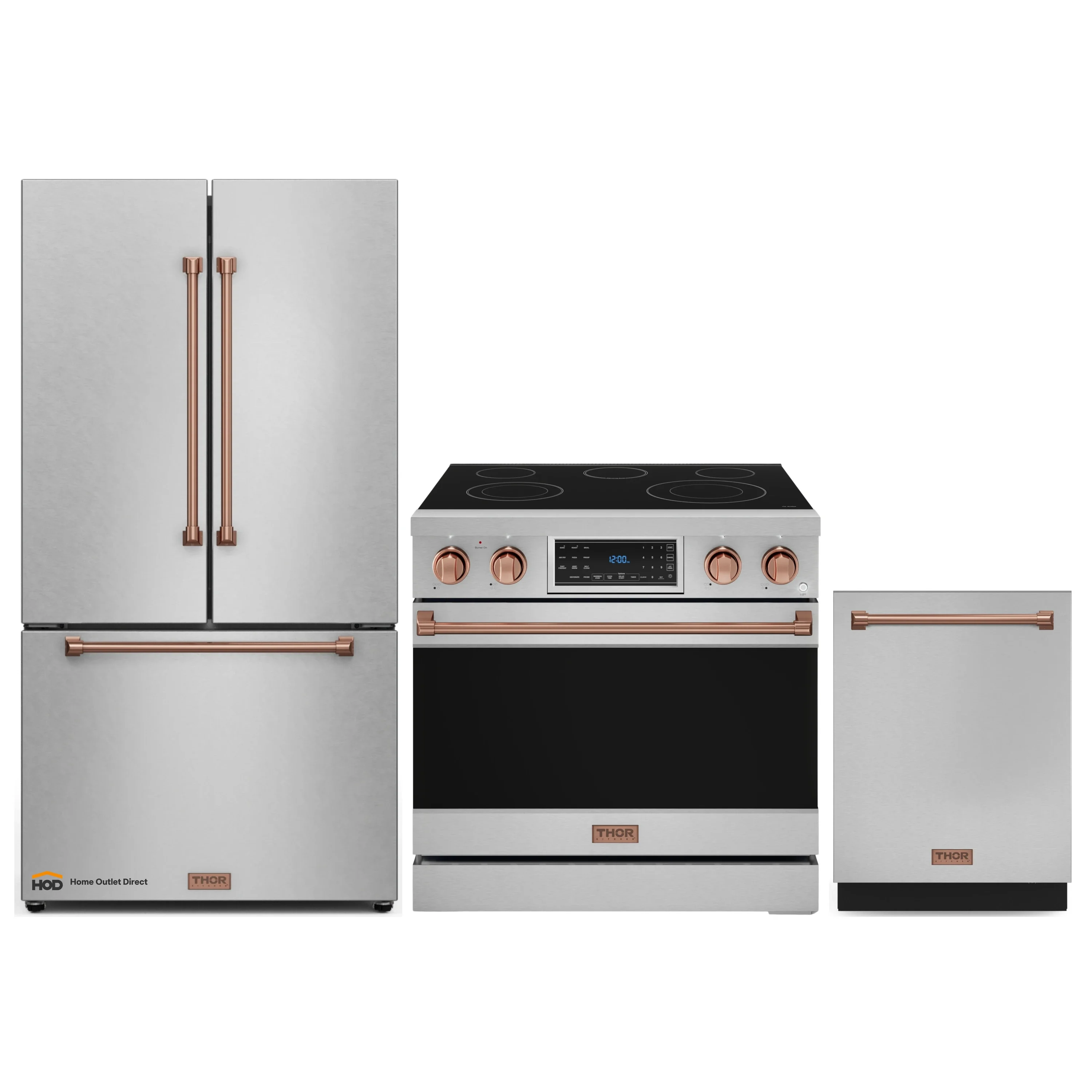Gordon Ramsay by Thor Kitchen 3-Piece Appliance Package - 36-Inch Electric Range with Tilt Panel Touch Control, 36-Inch Refrigerator, and Dishwasher in Stainless Steel with Rose Gold Trim