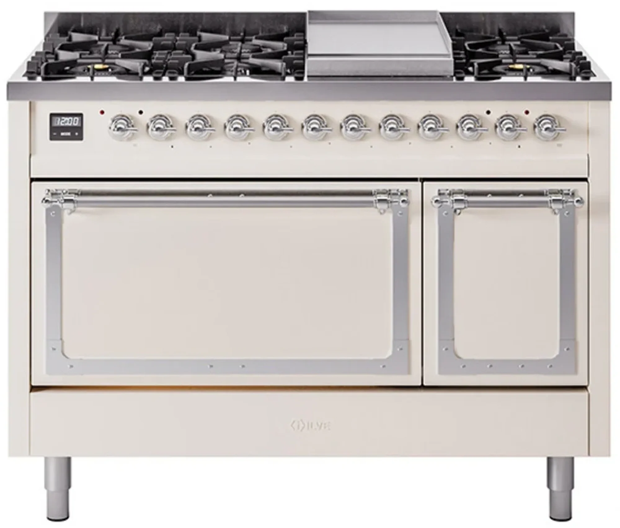 ILVE Nostalgie II Noblesse 48-Inch Dual Fuel Freestanding Range with Solid Door Oven in Antique White with Chrome Trim (UN48FQNMPAWC)