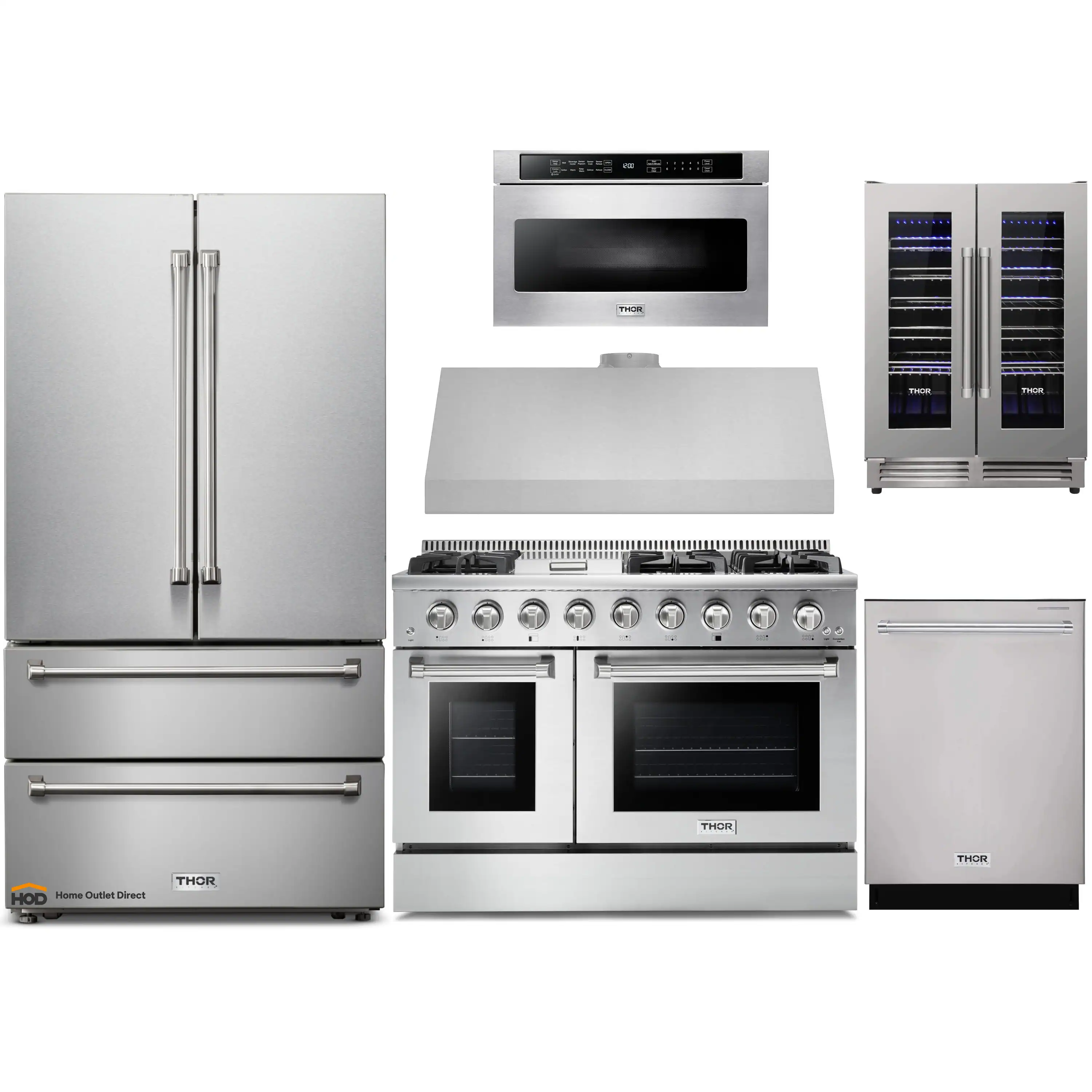 Thor Kitchen 6-Piece Pro Appliance Package - 48-Inch Gas Range, French Door Refrigerator, Dishwasher, Under Cabinet 11-Inch Tall Hood, Microwave Drawer, & Wine Cooler in Stainless Steel