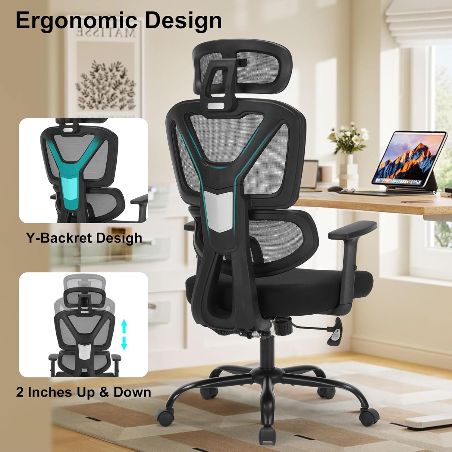 Ergonomic Office Chair, Ergonomic Desk Chair with Adjustable Height, Lumbar Support, High Back Mesh Home Computer Chair with Adjustable Armrests, Task Chairs for Home Office - 350lb Executive Chairs