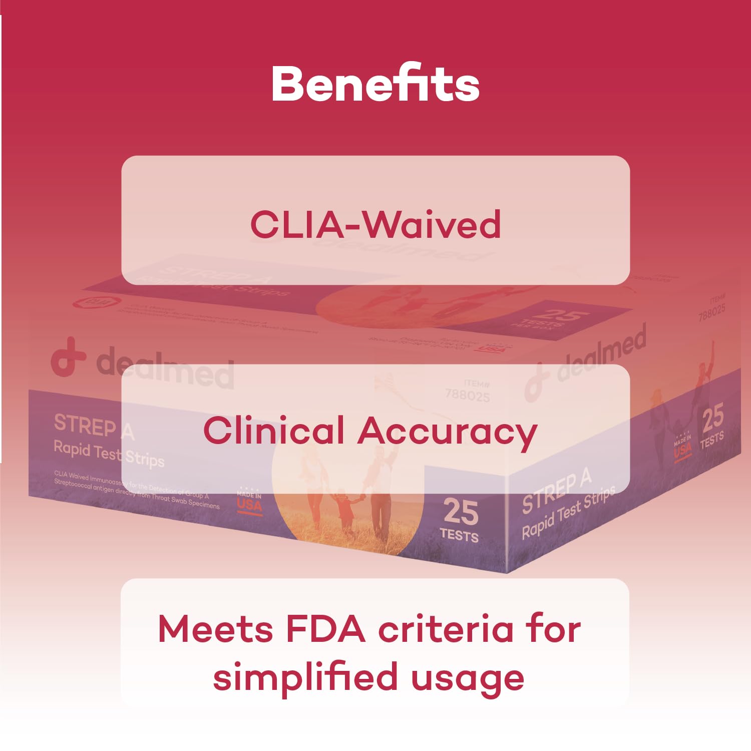 Dealmed Rapid Strep A Test Kit - CLIA-Waived, Made in USA, 25 Tests/Box, Case of 42