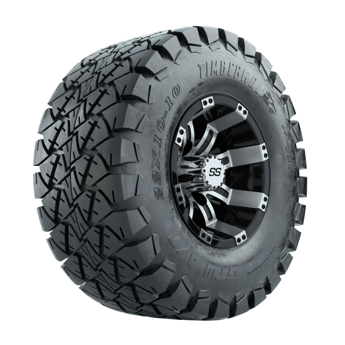 10′′ GTW Tempest Black and Machined Wheels with 22′′ Timberwolf Mud Tires – Set of 4