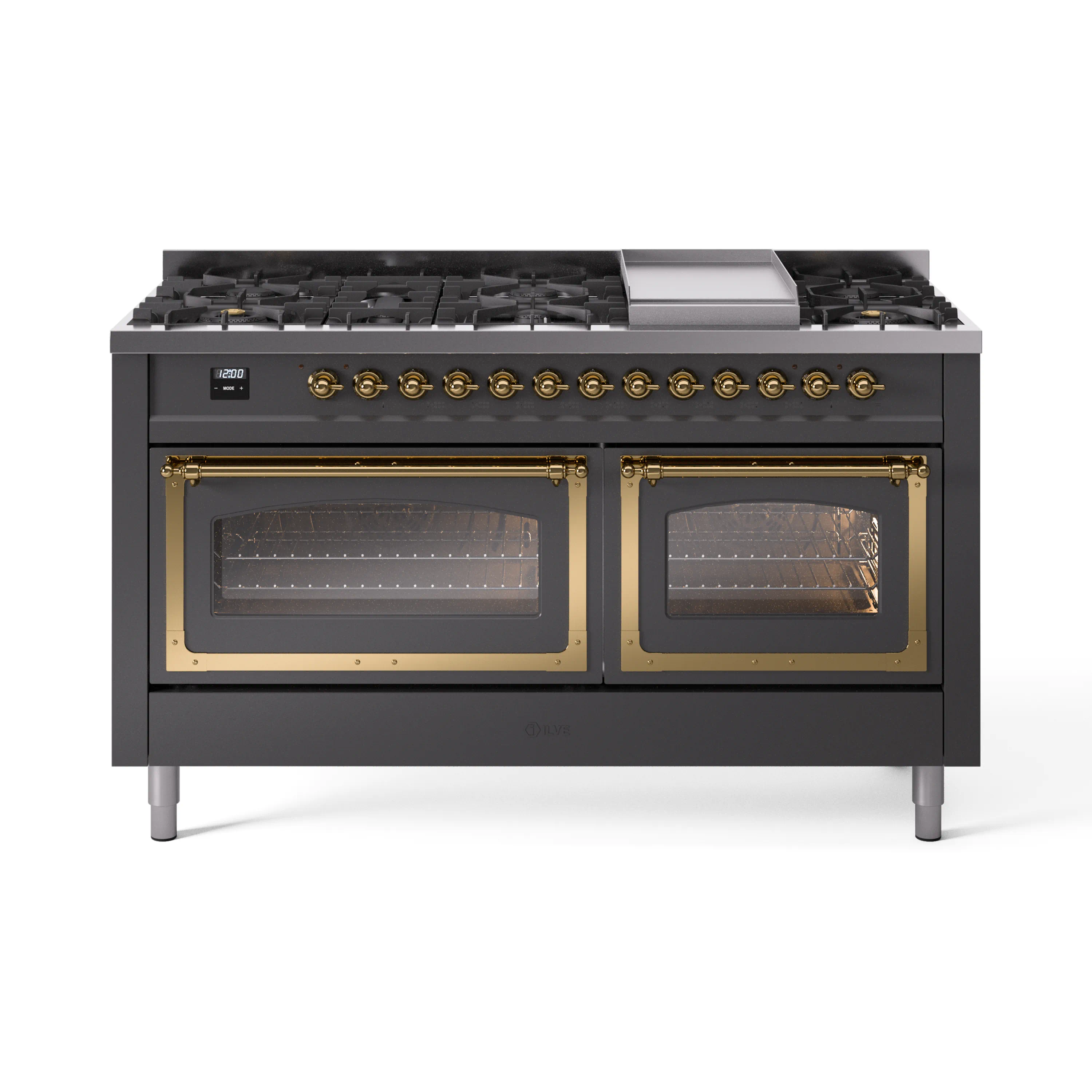 ILVE 60-Inch Nostalgie II Noblesse Dual Fuel Range with 9 Sealed Burners, Griddle, Triple Glass Door Oven in Matte Graphite with Brass Trim (UN60FNMPMGG)